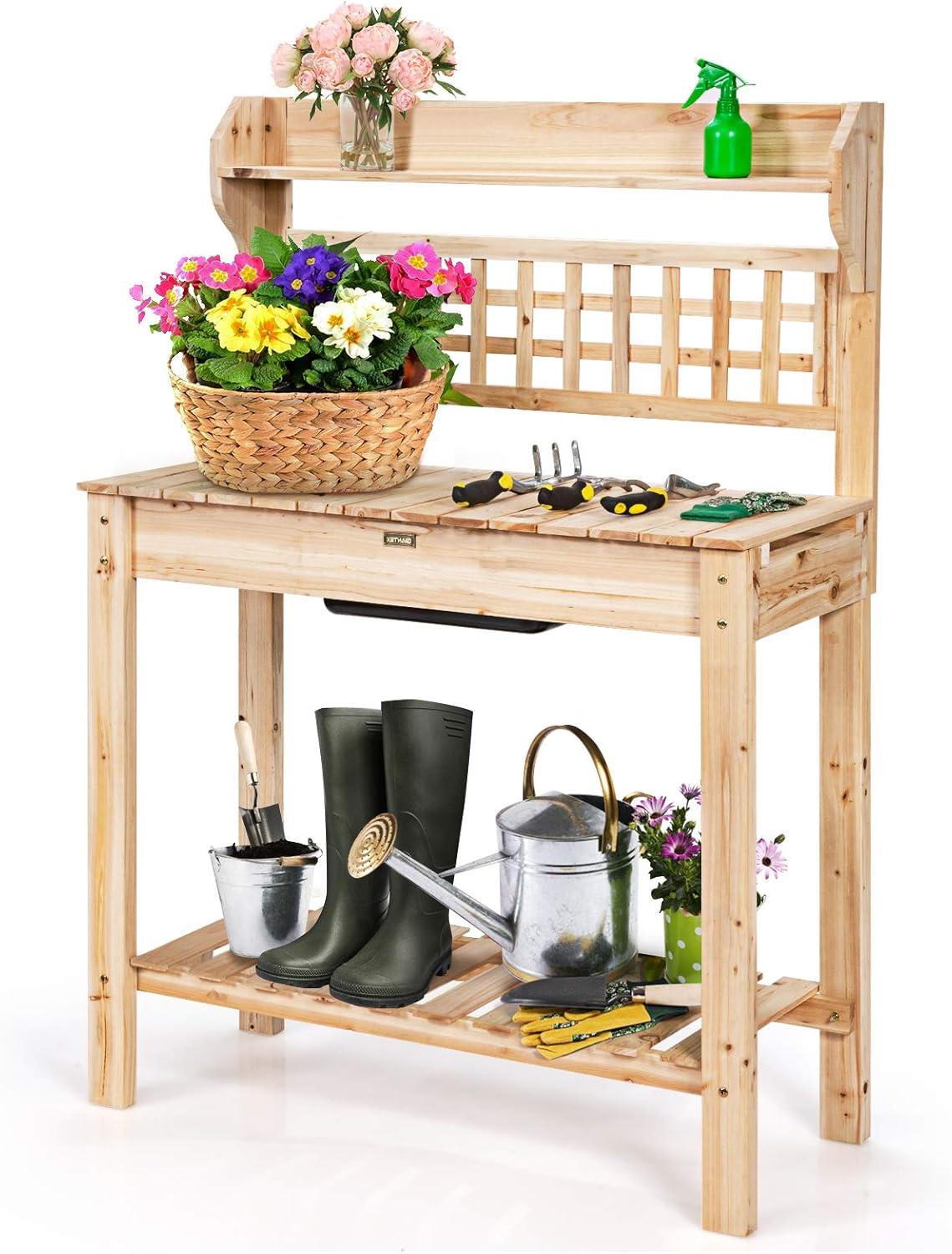Costway Garden Potting Bench Workstation Table w/Sliding Tabletop Sink Shelves