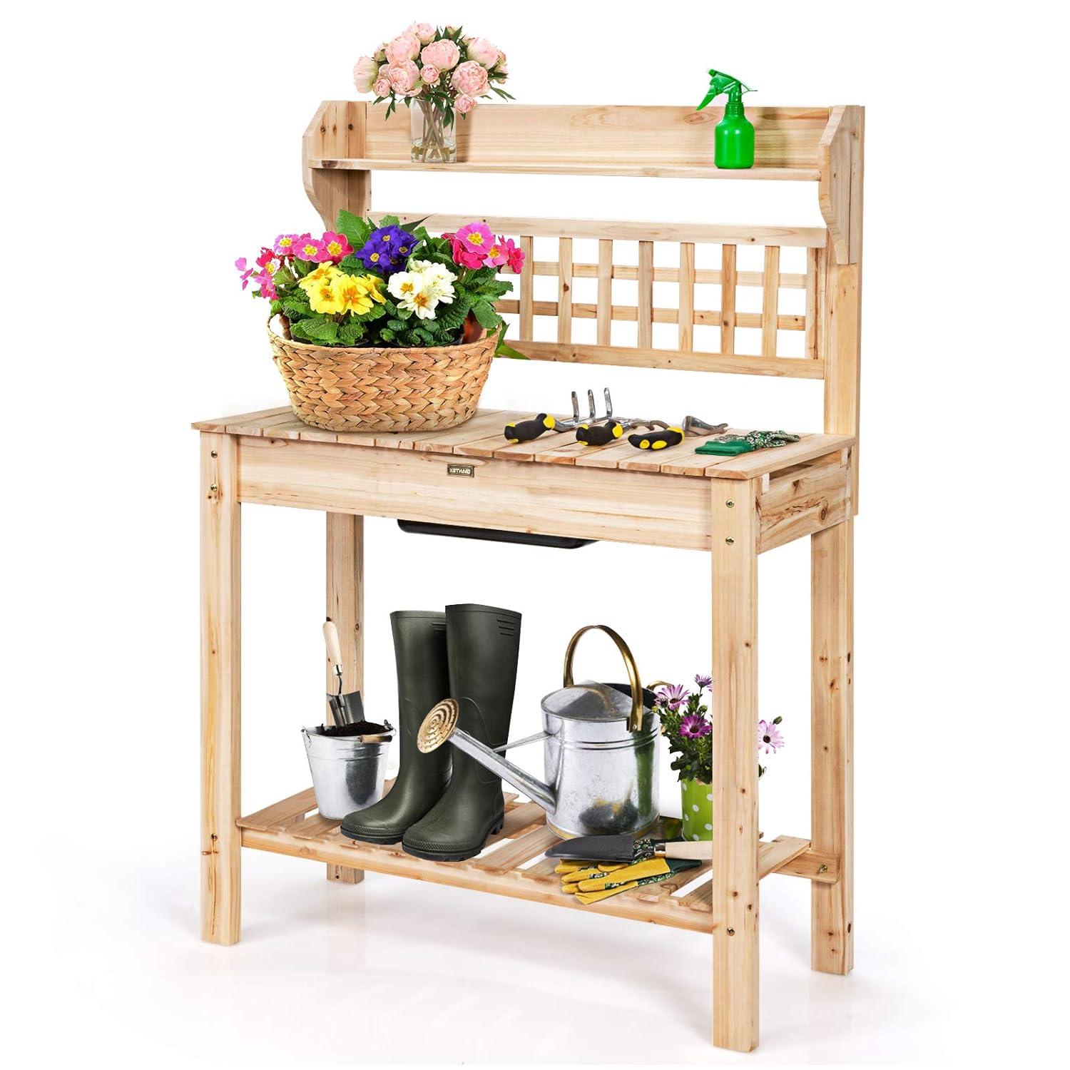Costway Garden Potting Bench Workstation Table w/Sliding Tabletop Sink Shelves