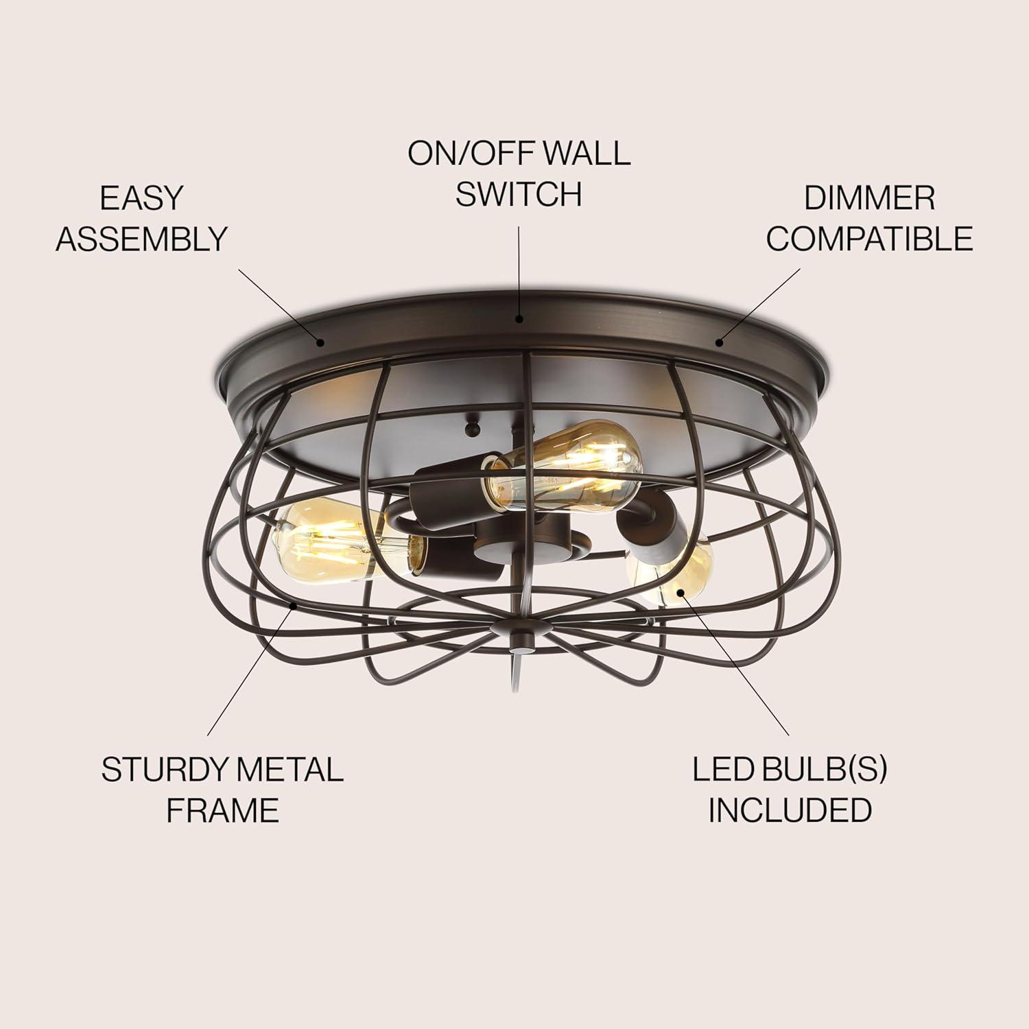 Calvia 15.7" 3-Light Farmhouse Metal Cage Flush Mount, Oil Rubbed Bronze