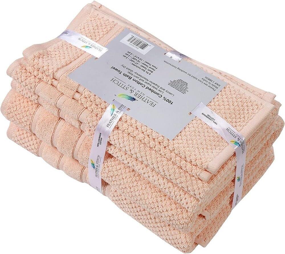 Feather & Stitch NY Luxury Ringspun 625 GSM luxury 6-piece, 100% cotton- super-soft, highly absorbent & quick-dry bath towel set (2 PC - bath, hand & washcloth)  (Set of 6)