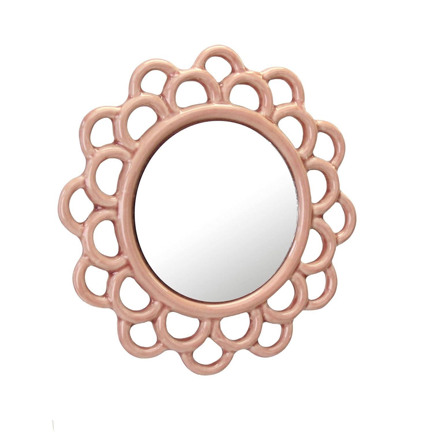 9" Decorative Round Floral Ceramic Wall Hanging Mirror Pink - Stonebriar Collection: Elegant Scalloped Edge, Keyhole Hanger