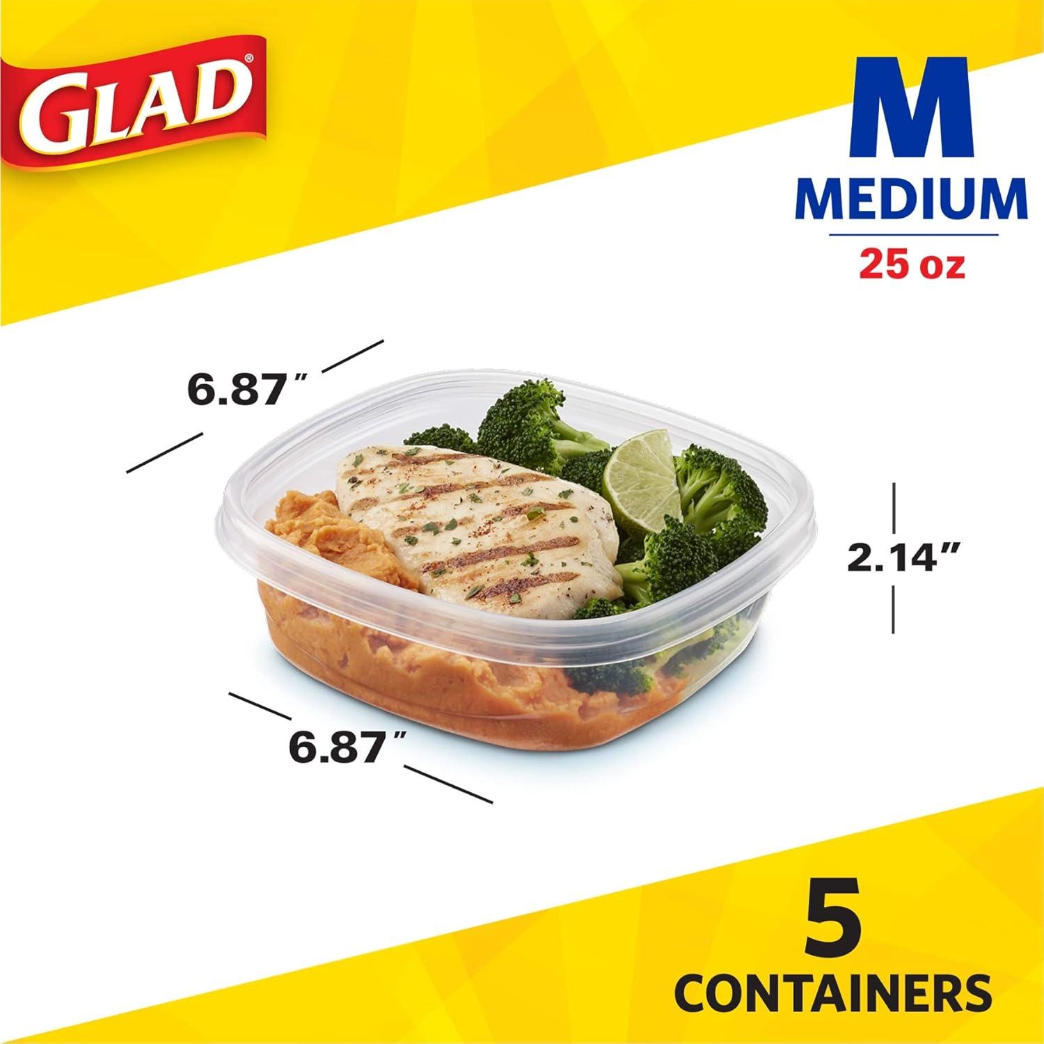 Glad Medium Square Food Storage Containers, (25 Oz) -5 Count, Standard