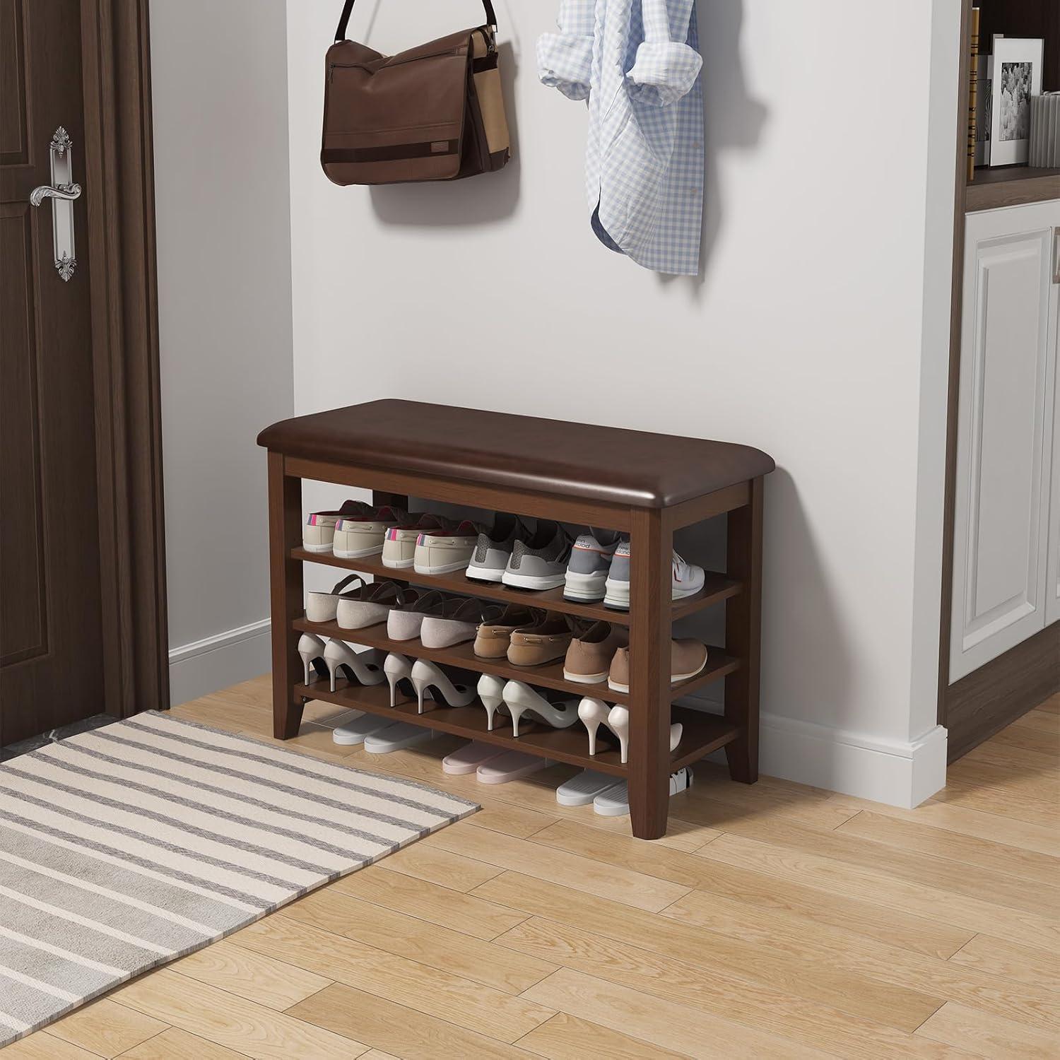 Shoe Bench with Leather Cushion, 3 Tiers Shoe Storage Bench, Walnut Wood Entryway Bench