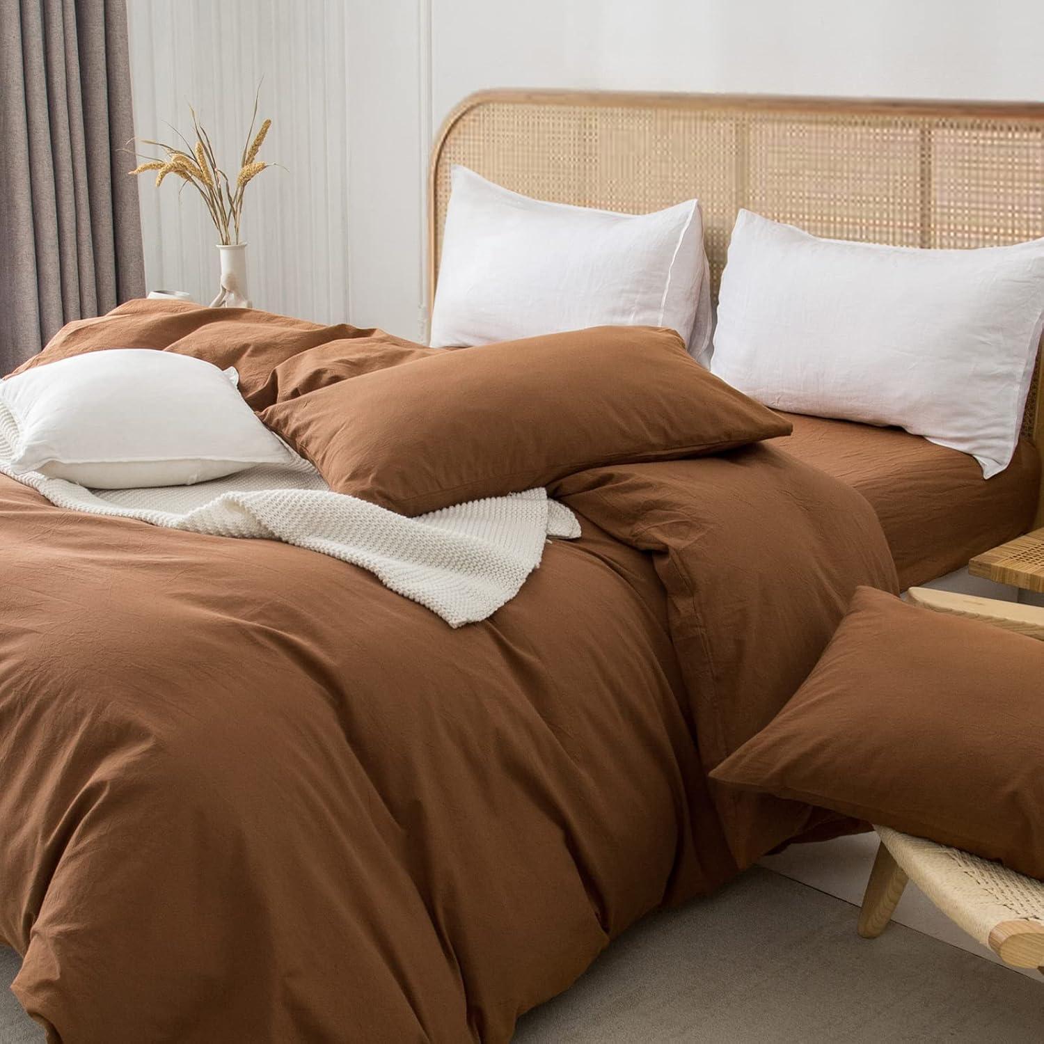 ZOVAN Duvet Cover Set 100% Washed Cotton Super Soft Breathable Durable (Crimson Red, Full)