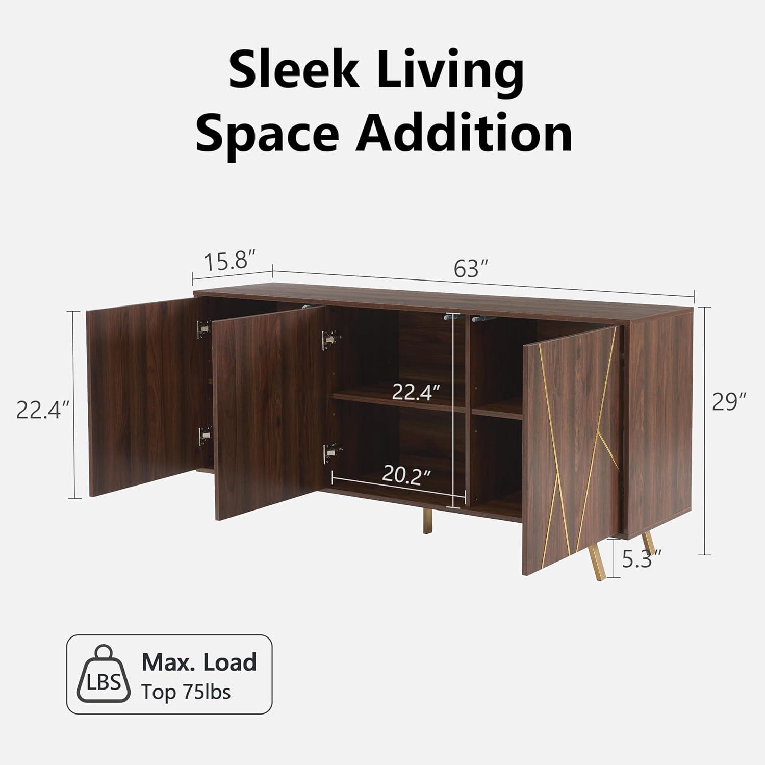 63'' Dark Walnut and Gold Mid Century Modern Sideboard Buffet