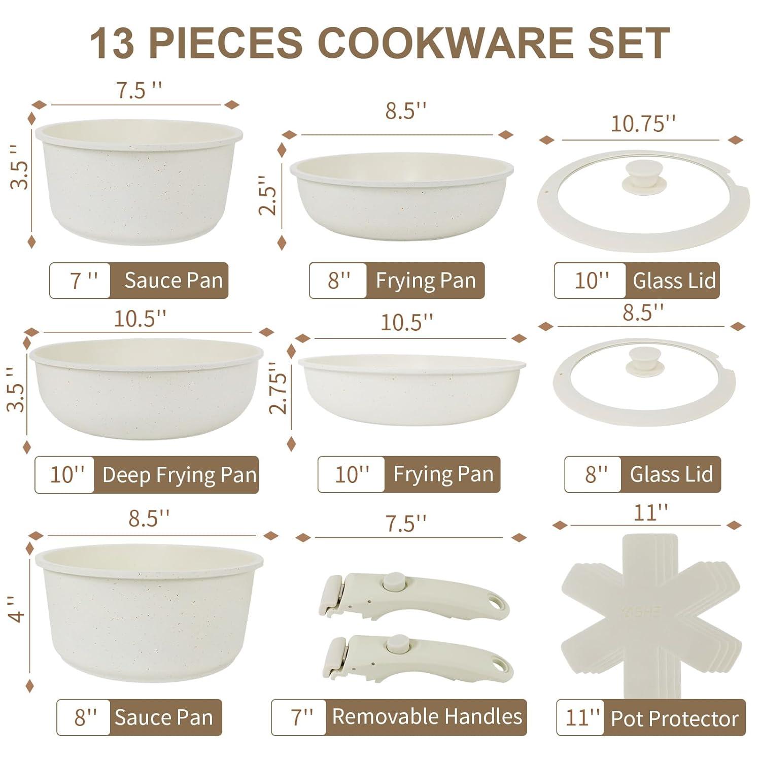 YASHE 13-Pieces Pots and Pans Set Non Stick, Ceramic Kitchen Cookware Set, Detachable Dandle Pots and Pans with Pan Protectors