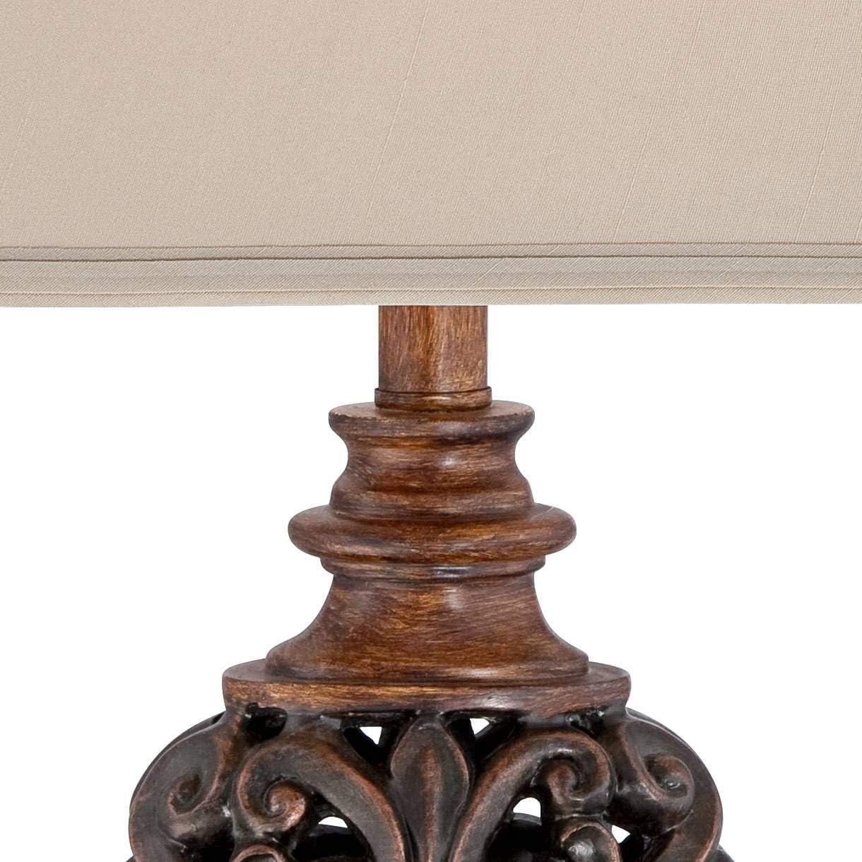 Regency Hill Exeter Traditional Table Lamps 30" Tall Set of 2 Bronze Wood Carved Leaf Cream Rectangular Bell Shade for Bedroom Living Room Bedside