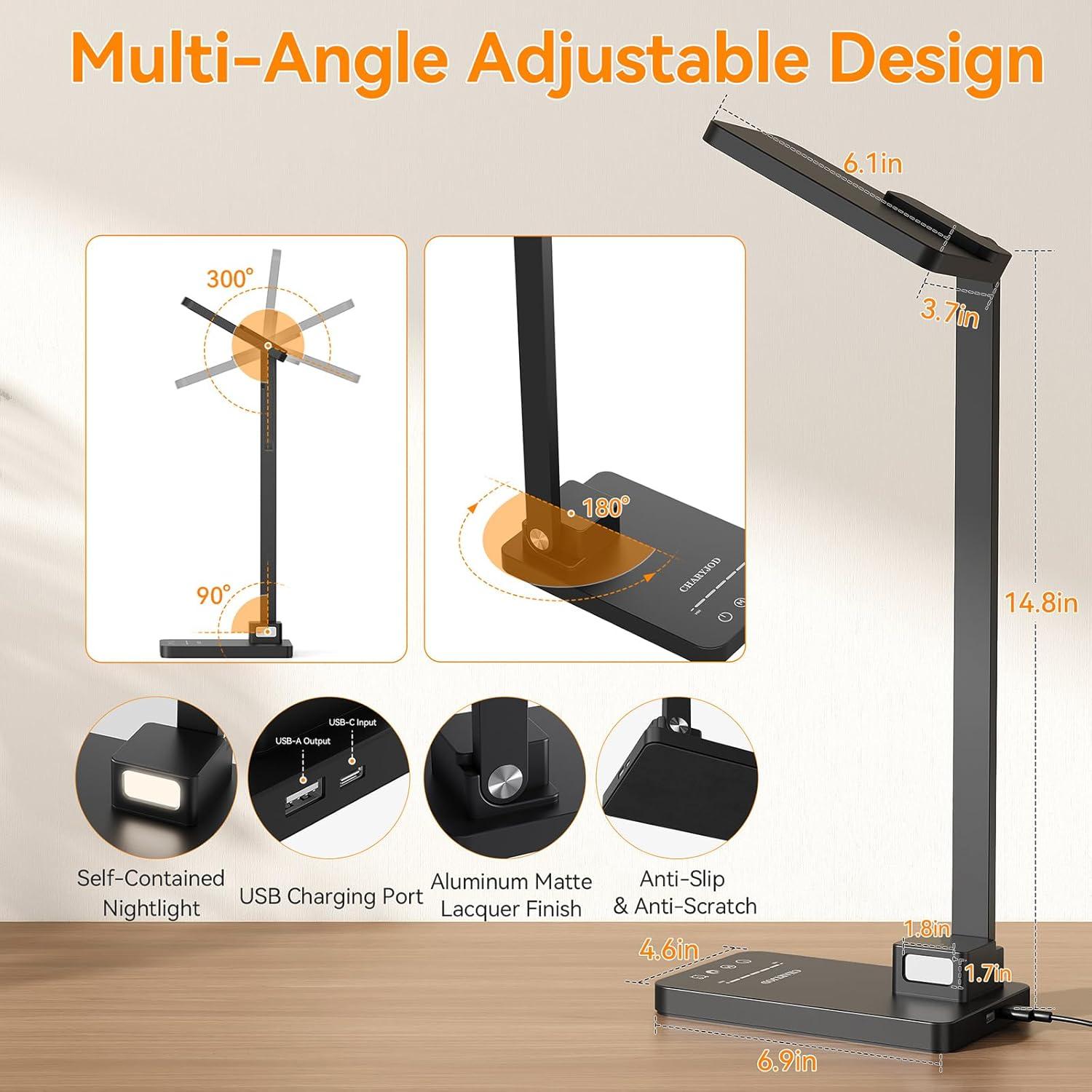3 in 1 LED Desk Lamp Dimmable Table Lamp Reading Lamp with USB Charging Port and Night Light, Multi-angle Adjustable 25 Lighting Modes Bright Eye-Caring Desk Light Desk Lamp for College Dorm Room