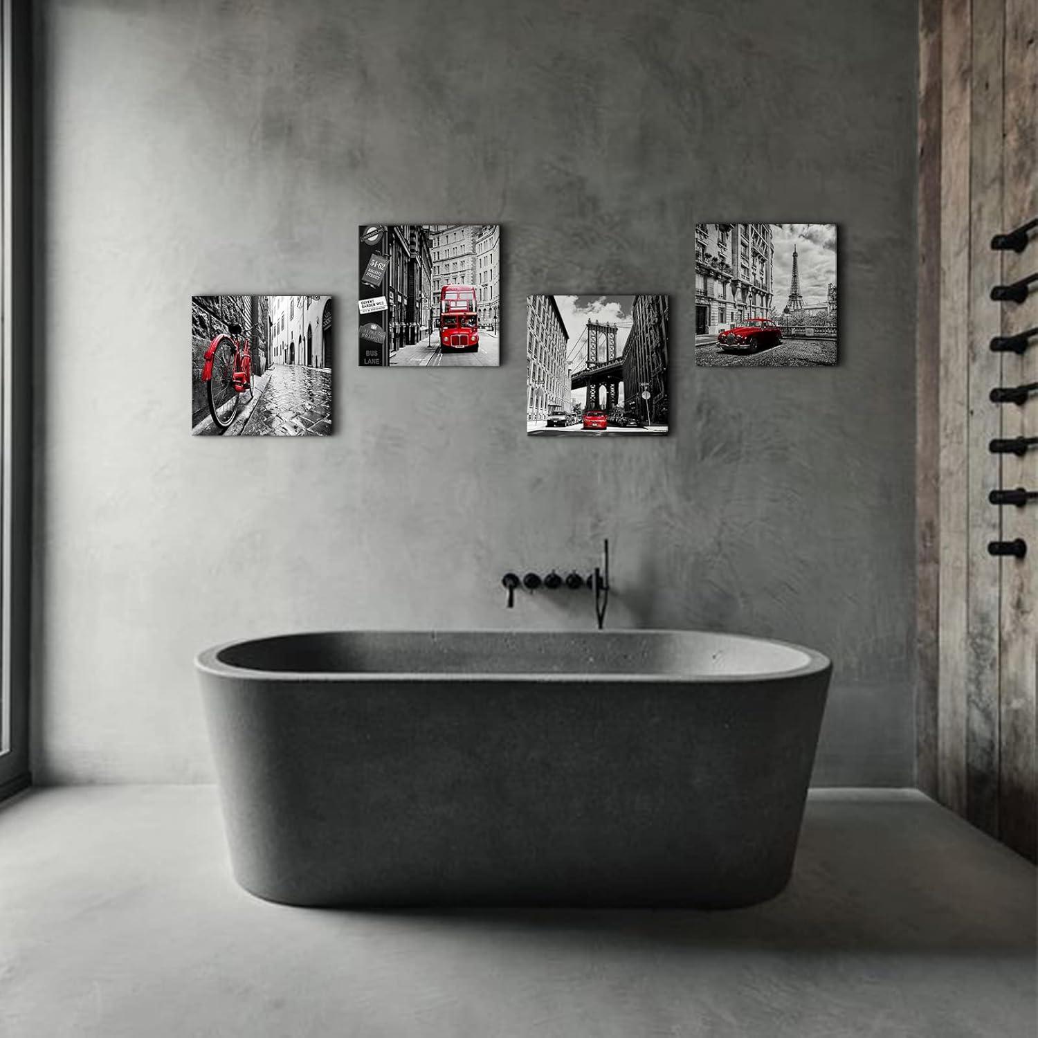 Black and White Wall Art Cityscape Pictures Modern Framed Wall Decor for Bedroom Bathroom Red City New York London Italy Paris Canvas Artworks Living Room Office Kitchen Home Decorations 16×16" 4 Pcs