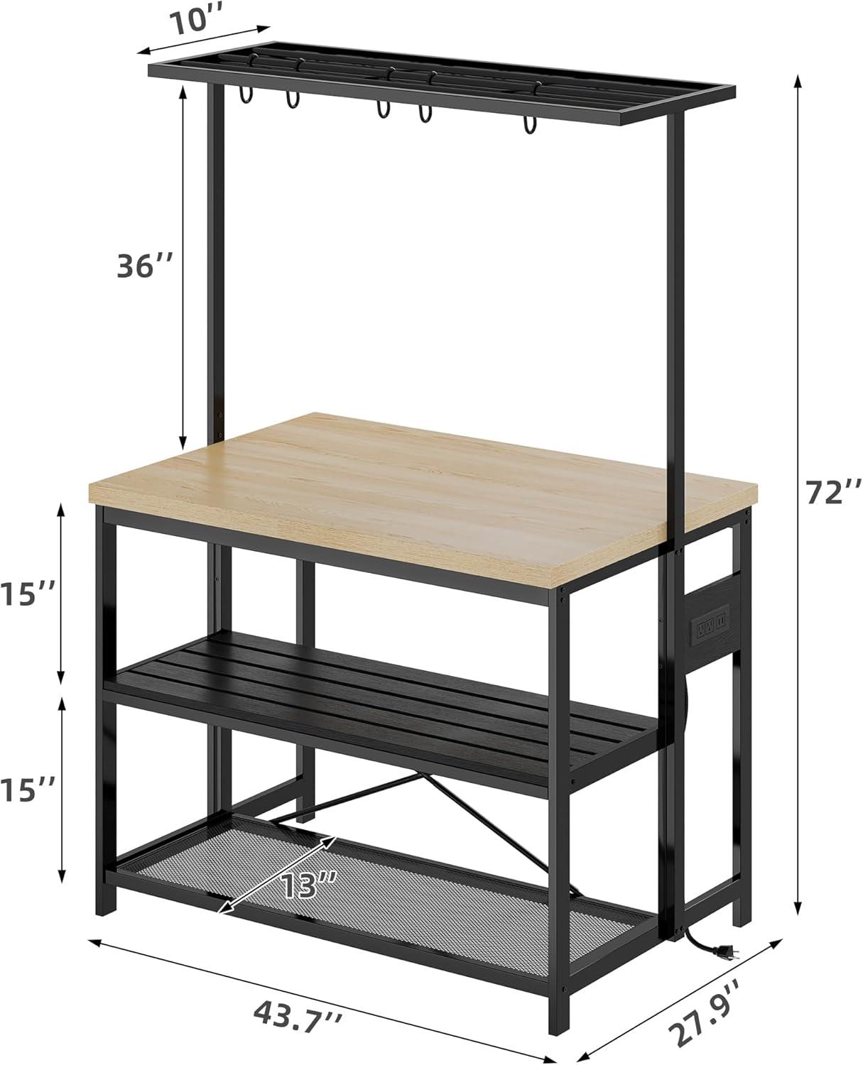 42" Large Kitchen Island Bakers Rack Microwave Oven Stand Shelf with 3 Tier Storage, Metal Coffee Bar Table,Kitchen Storage for Dining Living Room, 5 Hooks, 43.7 * 27.9 * 72