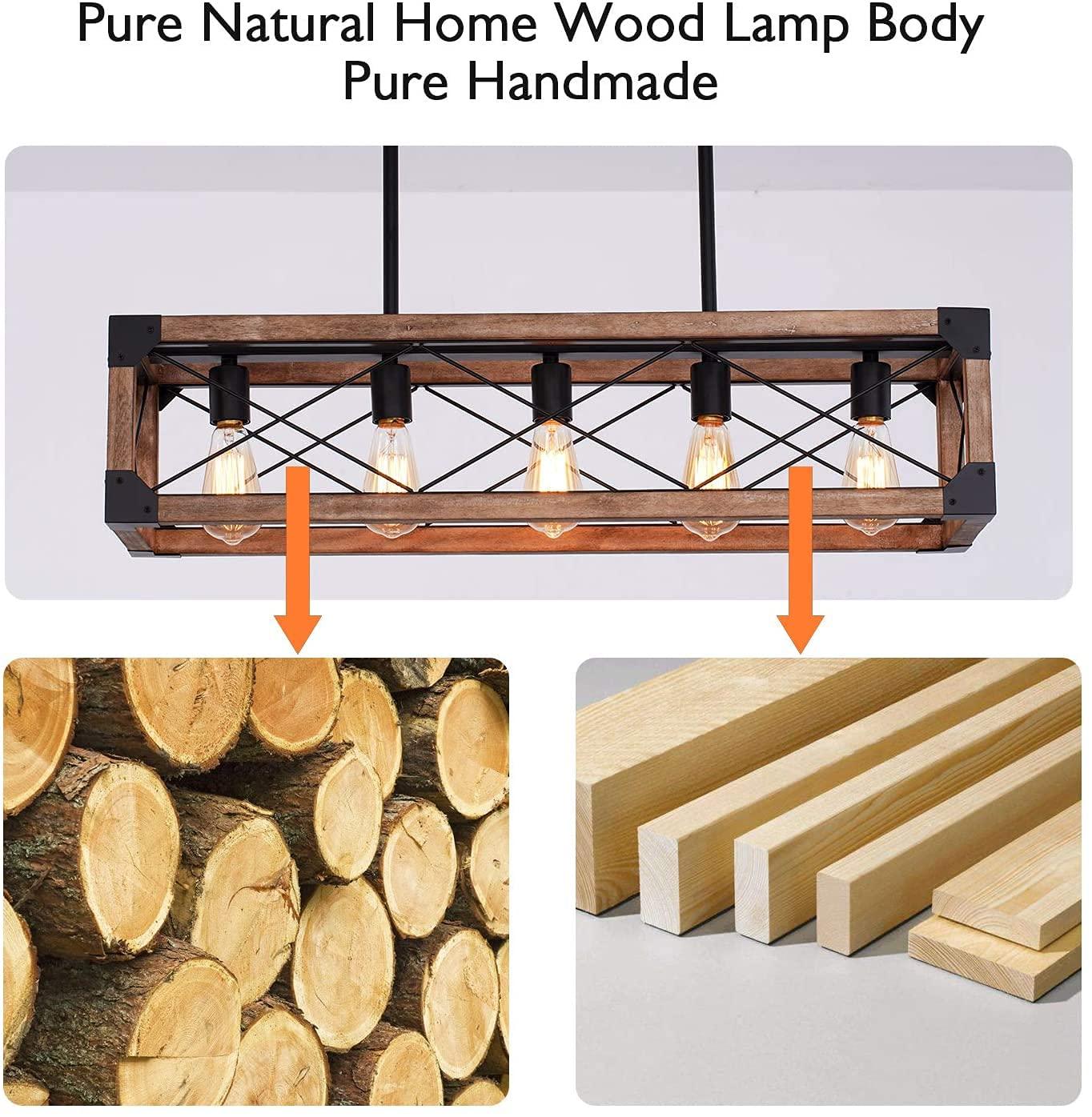 Bribyit Kitchen Island Lighting, 33.5-Inch 5 Lights Farmhouse Linear Chandelier for Dining Room Pool Table Pendant Light Fixture, Rustic Wood Grain Finish, Industrial Pendant Light