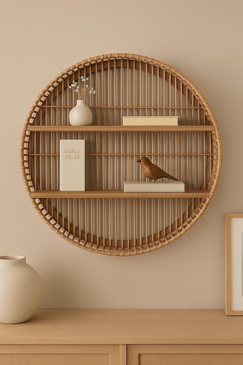5"Wx31" Diameter, Bamboo Wall Shelf, Natural Finish, Rustic and Decorative Storage Solution for Bedroom, Bathroom,