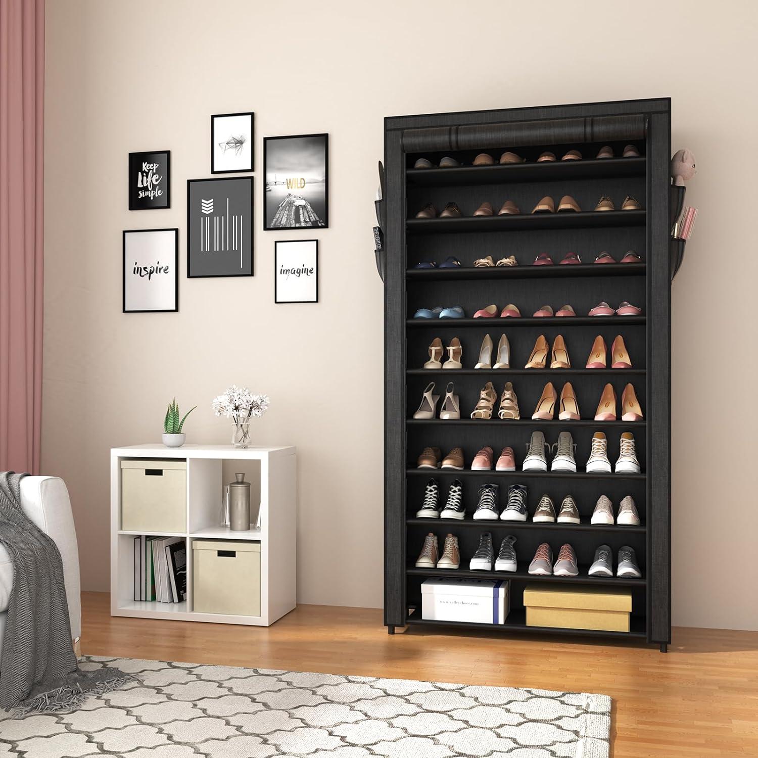 Tall Black Fabric and Metal 10-Tier Stackable Shoe Rack