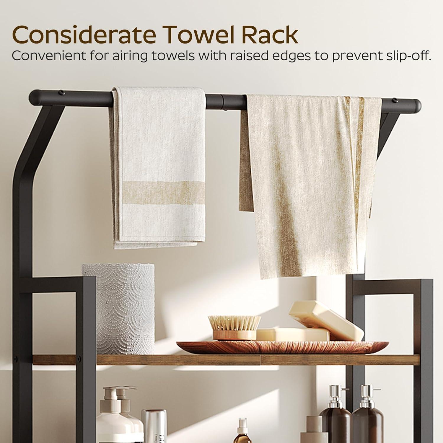 Over The Toilet Storage, 2-Tier Bathroom Organizer Shelves with Hooks, Multifunctional Vertical The Toilet Shelf Storage Rack for Bathroom, Rustic Brown and Black TR01BR