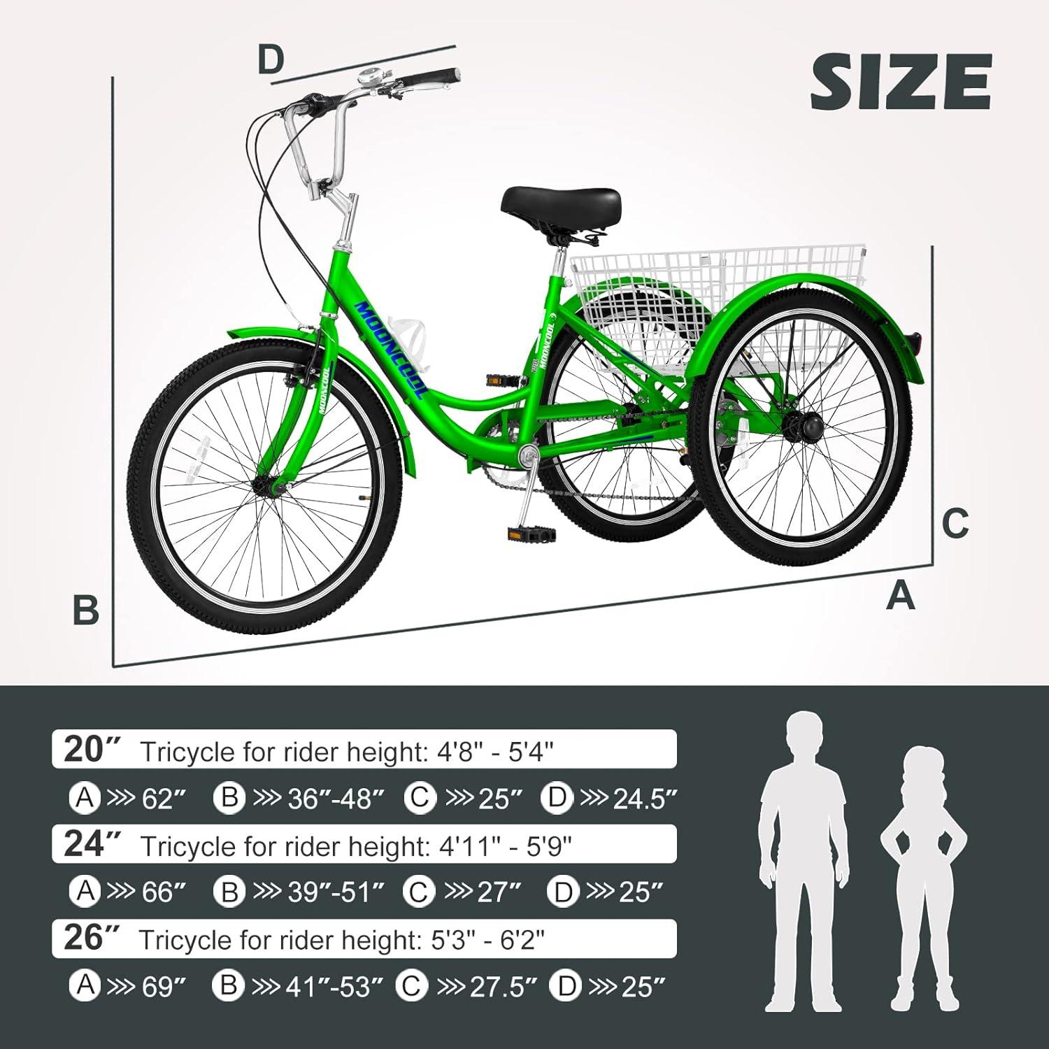 MOPHOTO Adult Tricycles 3 Wheel 7 Speed Trikes, 24 inch with Big Basket for Shopping, Picnics Exercise Men's Women's Cruiser Bike