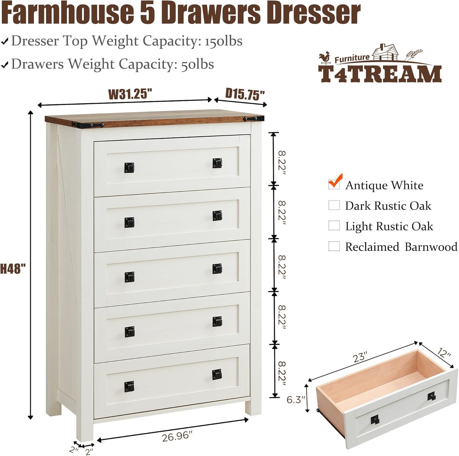 Grantville Farmhouse 5 - Drawers Dresser Organizer, Rustic Tall Chest of Drawers for Bedroom