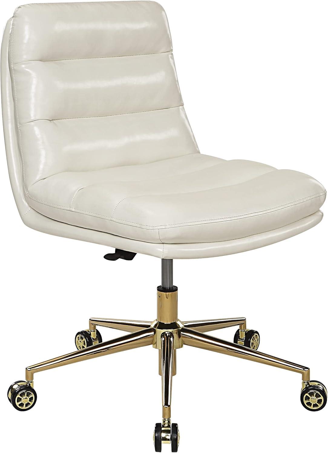 Mid-Century Cream Faux Leather Armless Office Chair with Gold Base