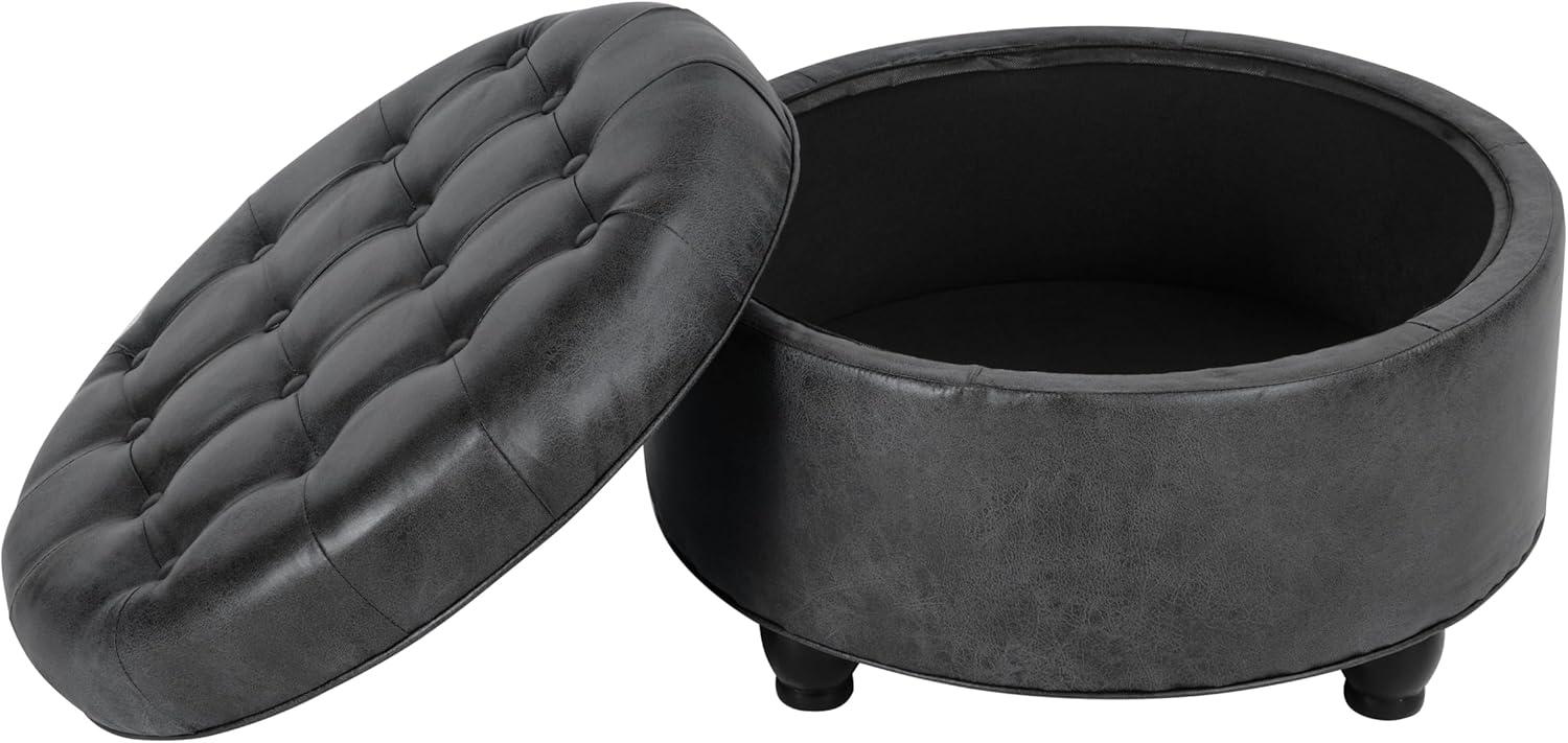 Large Tufted Round Storage Ottoman Faux Leather Gray - HomePop: Modern Upholstered Bench with Hardwood Frame