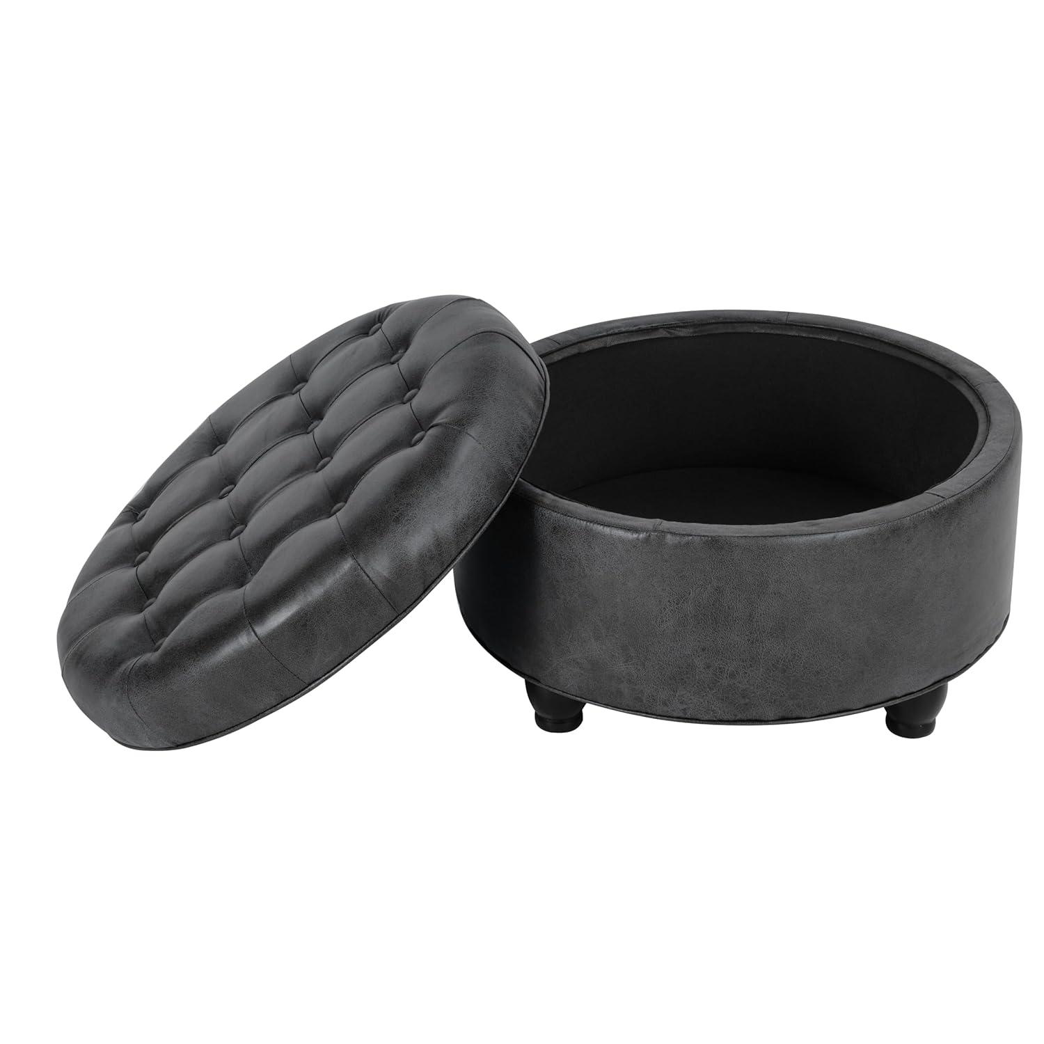 Large Tufted Round Storage Ottoman Faux Leather Gray - HomePop: Modern Upholstered Bench with Hardwood Frame