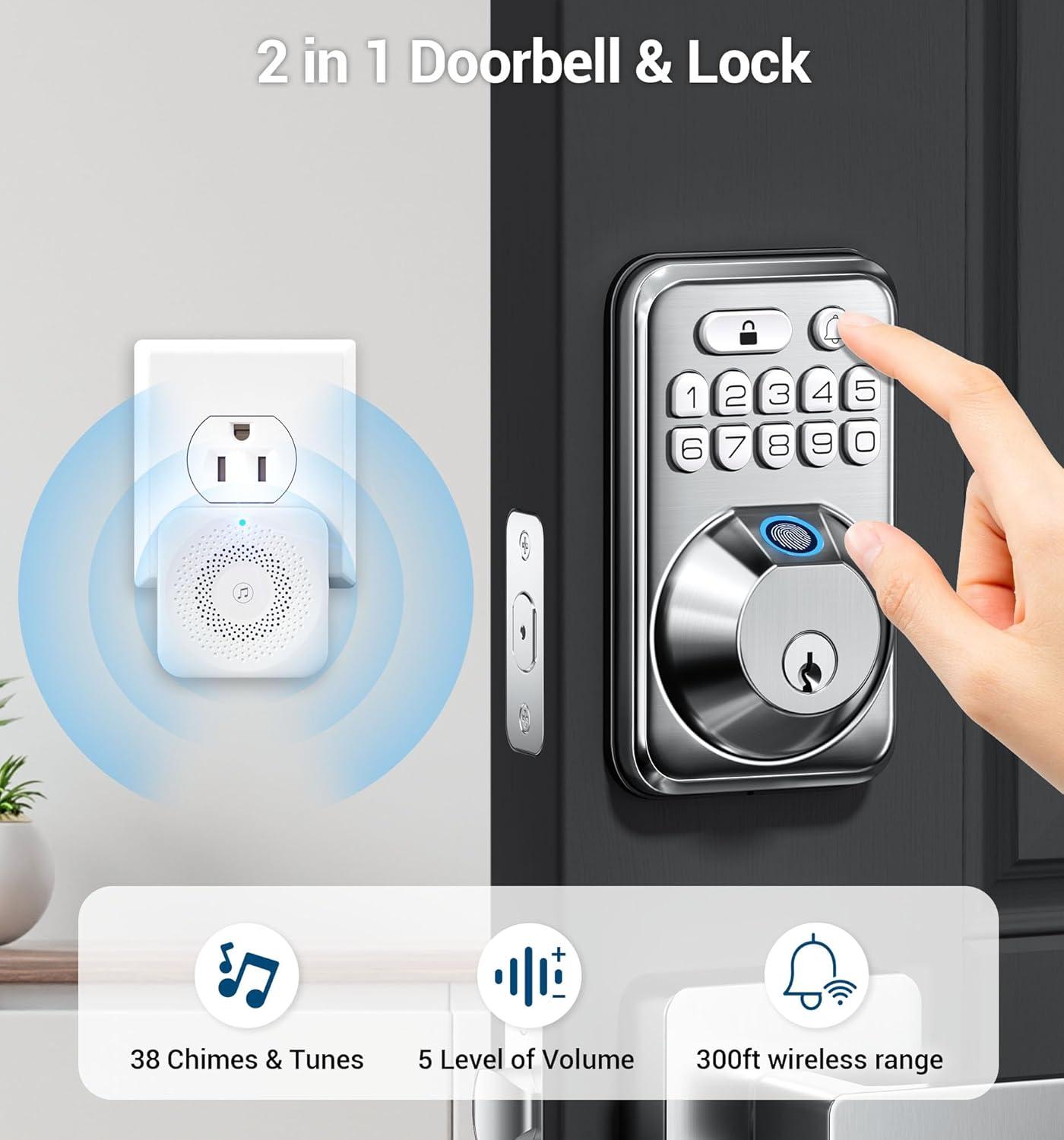 TEEHO Fingerpint Keyless Entry Keypad, Smart Digital Deadbolt Door Lock for Front Door, Remotely Share Temporary PIN Code, Easy Installation-Satin Nickel