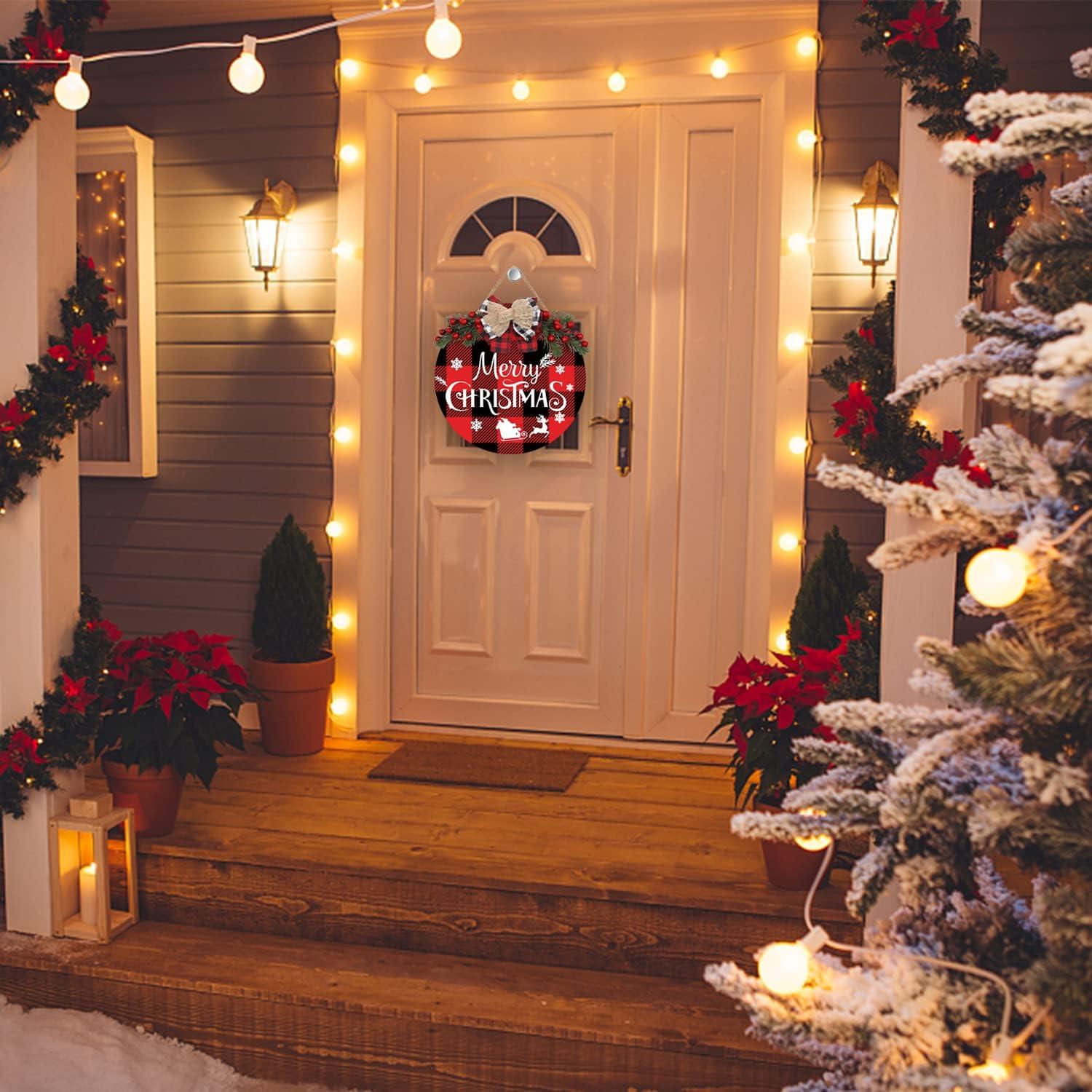Rustic Red and Black Plaid Wooden Merry Christmas Sign
