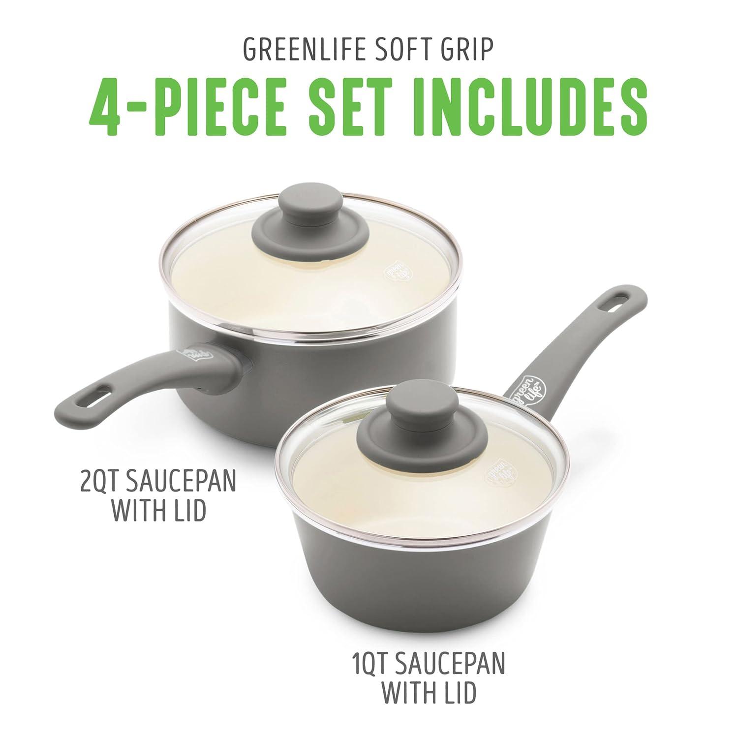 GreenLife Soft Grip 1QT and 2QT Saucepan Set, Healthy Ceramic Nonstick, Non Toxic PFAS & PFOA-Free, Dishwasher Safe, Glass Lids, Stay-Cool Handles, Easy Clean Cookware, Kitchen Essentials, Gray