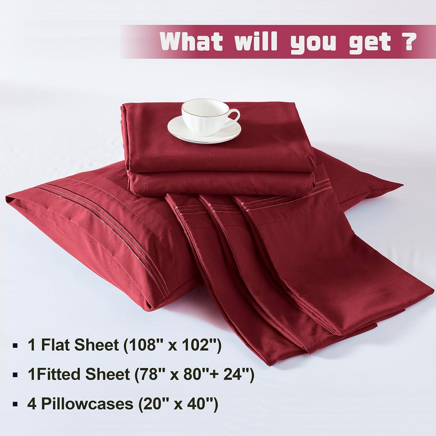 Solid 6 Piece Sheet Set - Ultra Soft - Becky Cameron (Extra Pillow Cases!), Burgundy, King