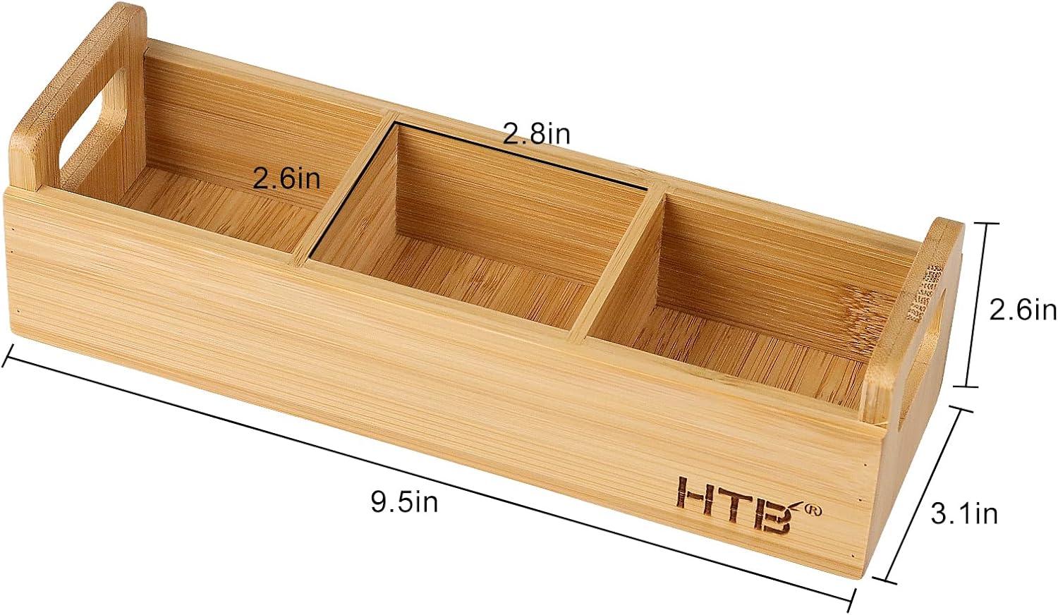 HTB Small Tea Bag Holder Pack of 2, Bamboo Tea Organizer 3 Compartments for Beverage Suppliers, Sweeteners, Individual Packets, Portable Tea Bag Organizer for Home Kitchen Counter or Office