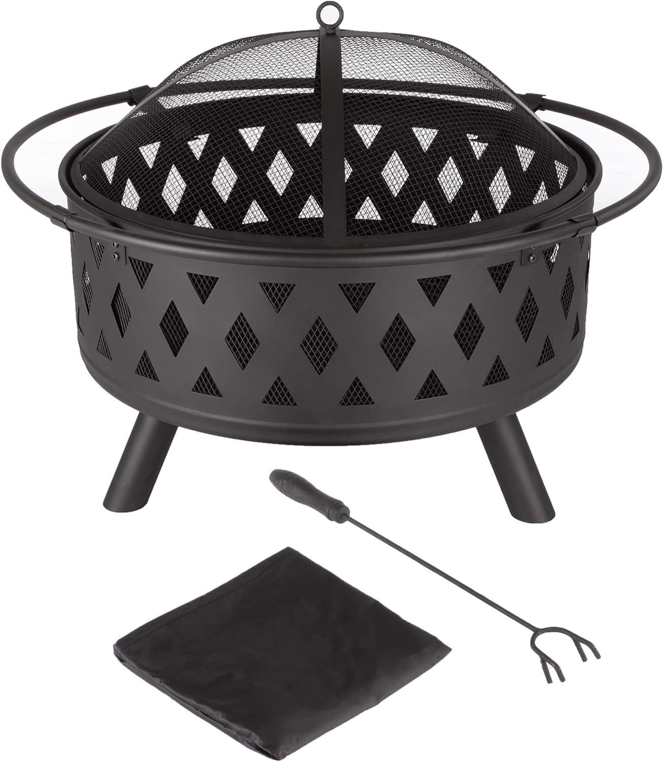 Pure Garden 32-Inch Outdoor Wood Burning Fire Pit with PVC Cover (Black)