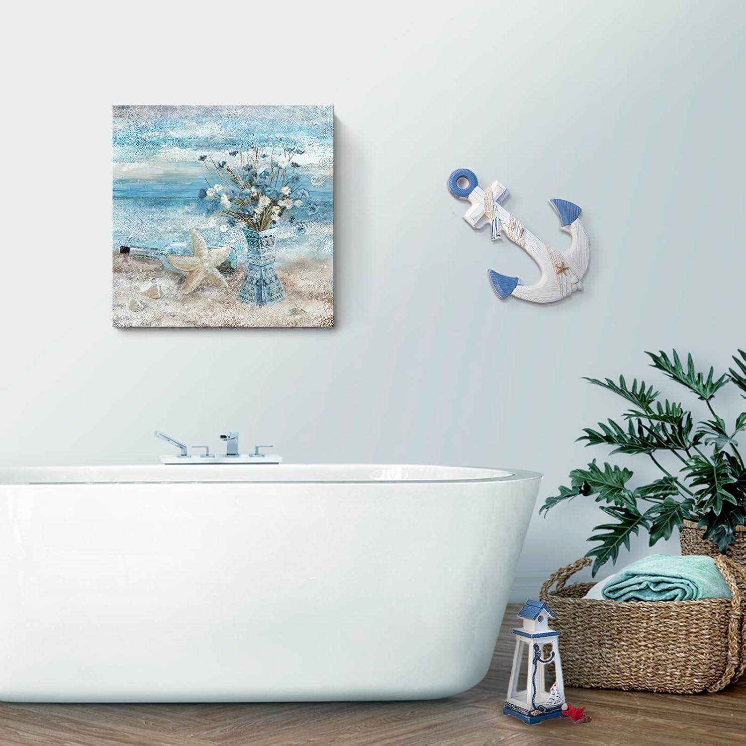Beach Wall Art for Living Room Blue Ocean Theme Canvas Print Modern Abstract Coastal Picture Seascape Painting Daisy Flower in Indian Vase Framed Artwork for Seaside Bedroom Bathroom Office 24x24inch
