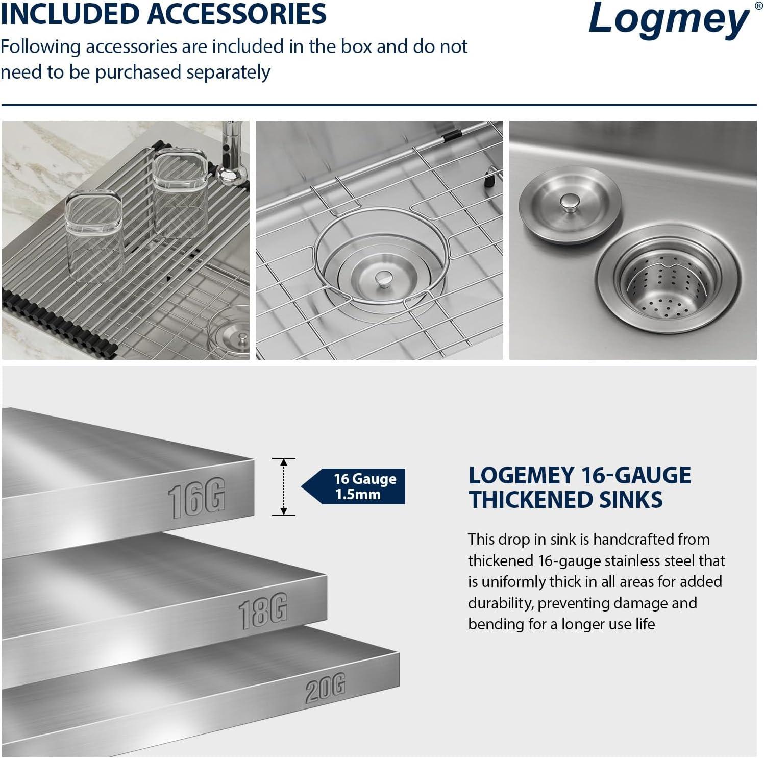 Logmey 25 Inch Drop In Kitchen Sink 25x22 In Handmade Stainless Steel Kitchen Sinks 16 Gauge Topmount Sink Single Bowl Round Corner Sink Bar Sink Prep 25x22x9 Inches