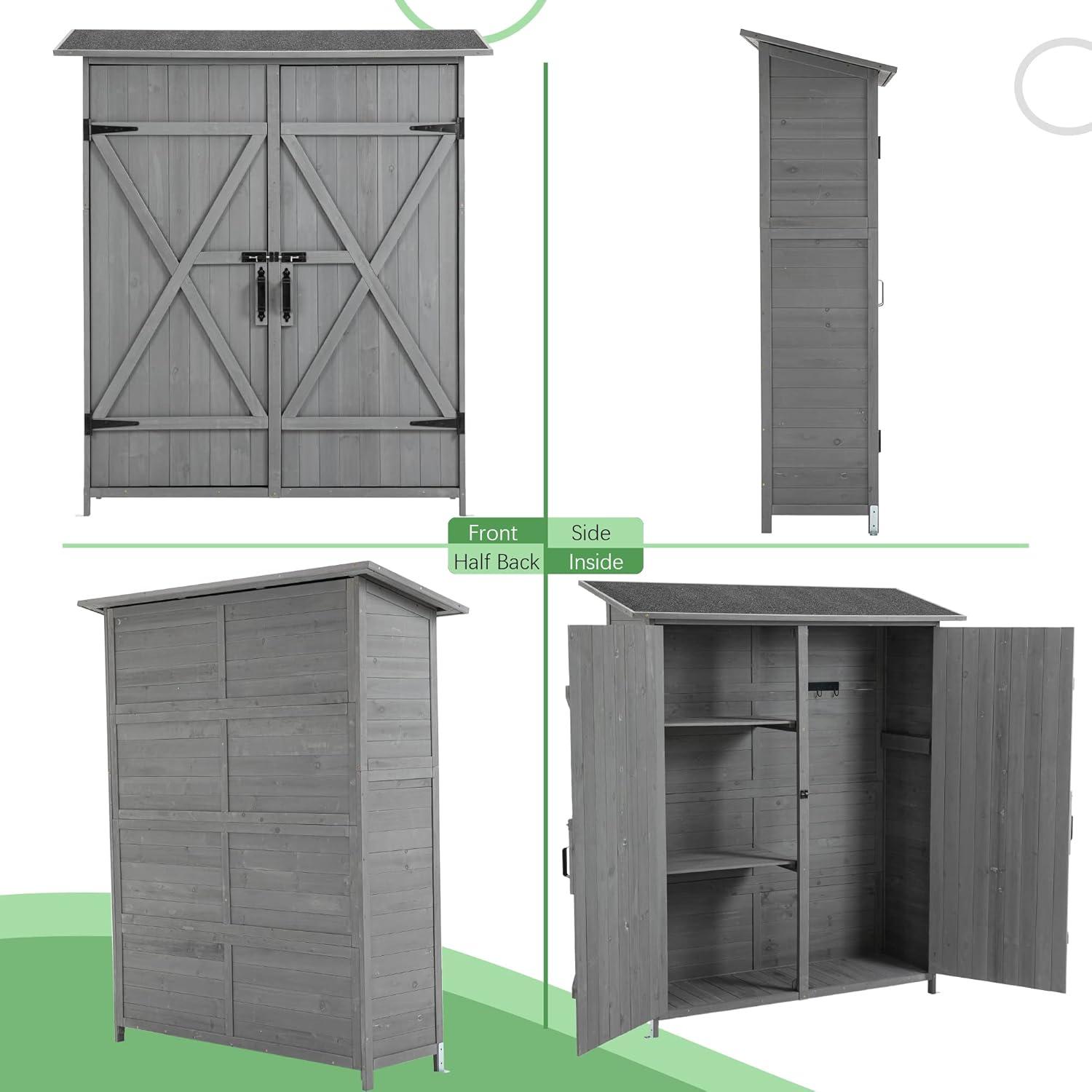 Royard Oaktree Outdoor Storage Shed Garden Storage Cabinet with Double Lockable Door Wooden Tool Shed with 3-Tier Shelves and Hooks Waterproof Tools Organizer for Backyard,Lawn,Grey