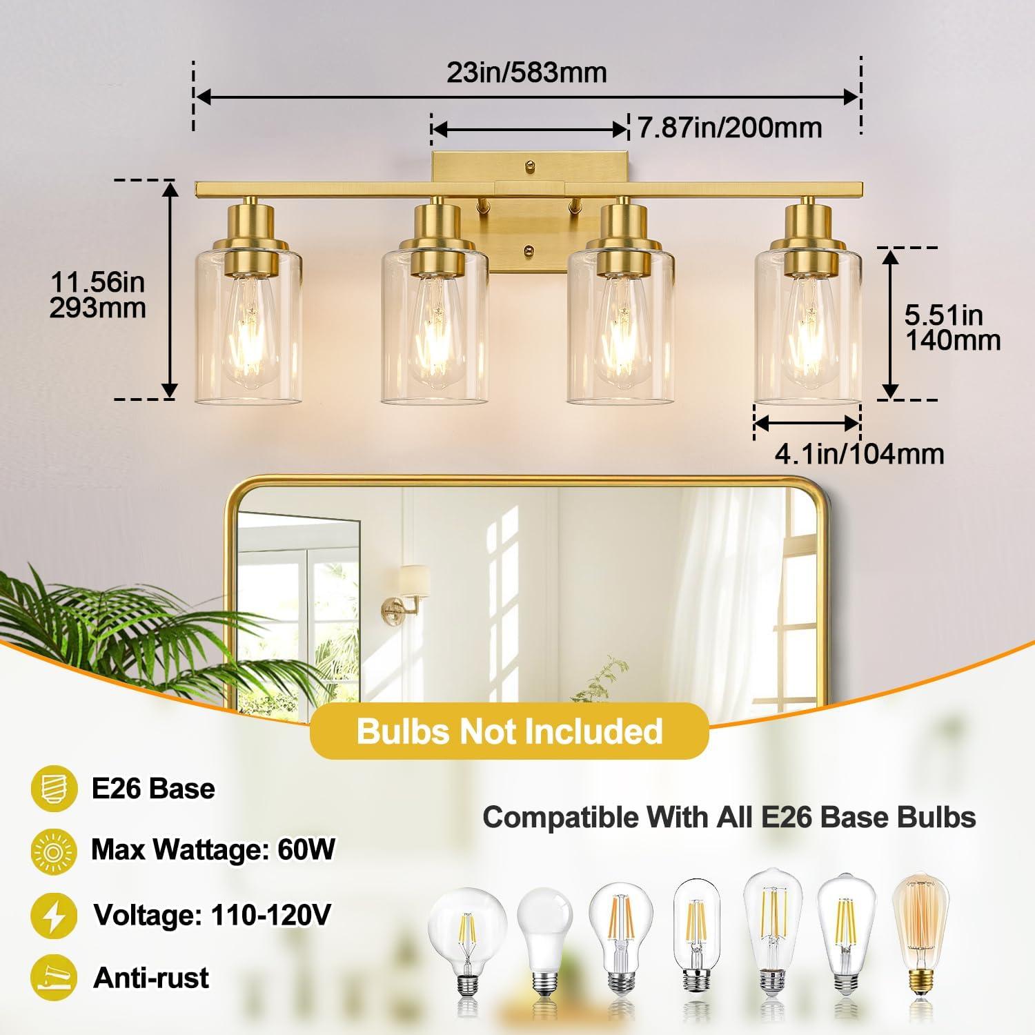 Gold 4-Light Modern Vanity Fixture with Clear Glass Shades