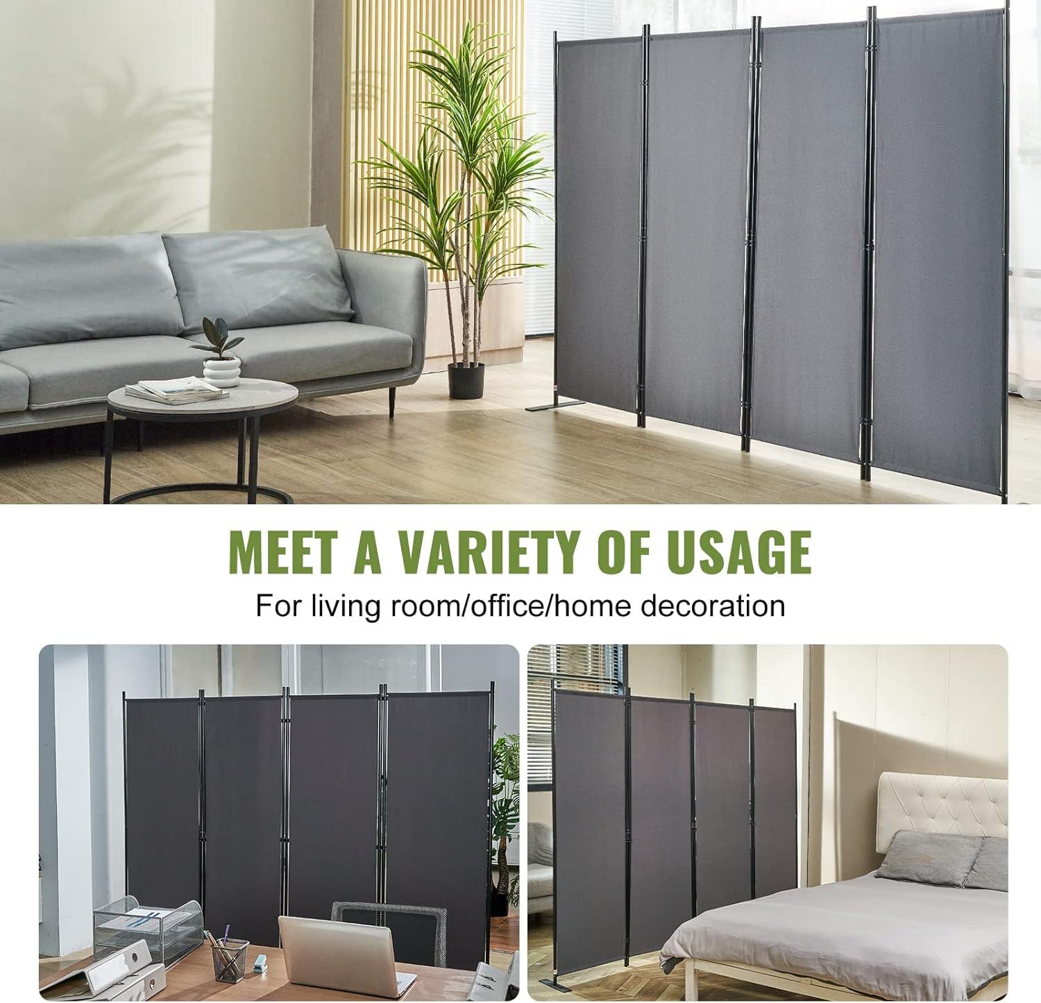 Gray 4-Panel Folding Room Divider with Metal Frame