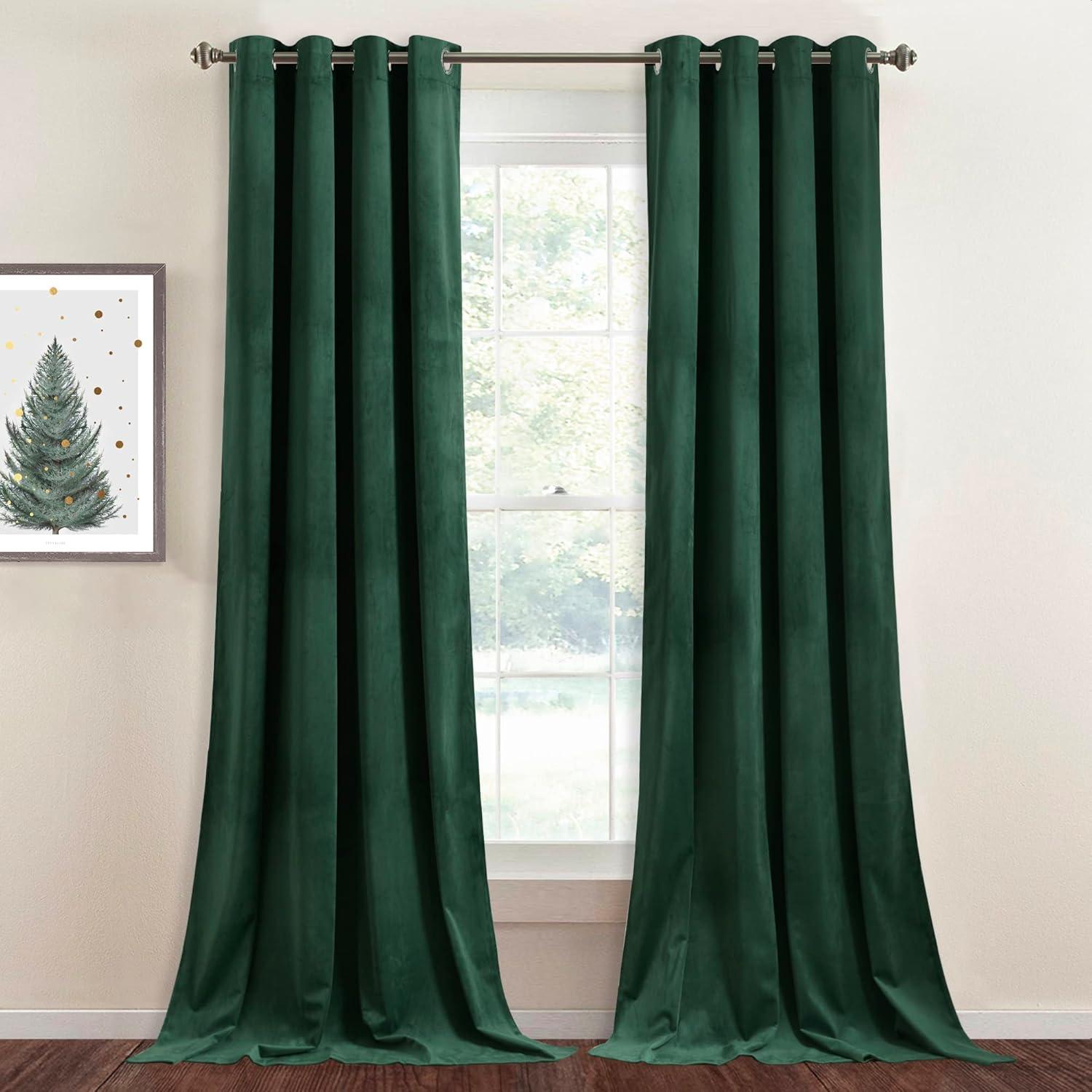 Dark Green Velvet Blackout Curtain Panel Pair