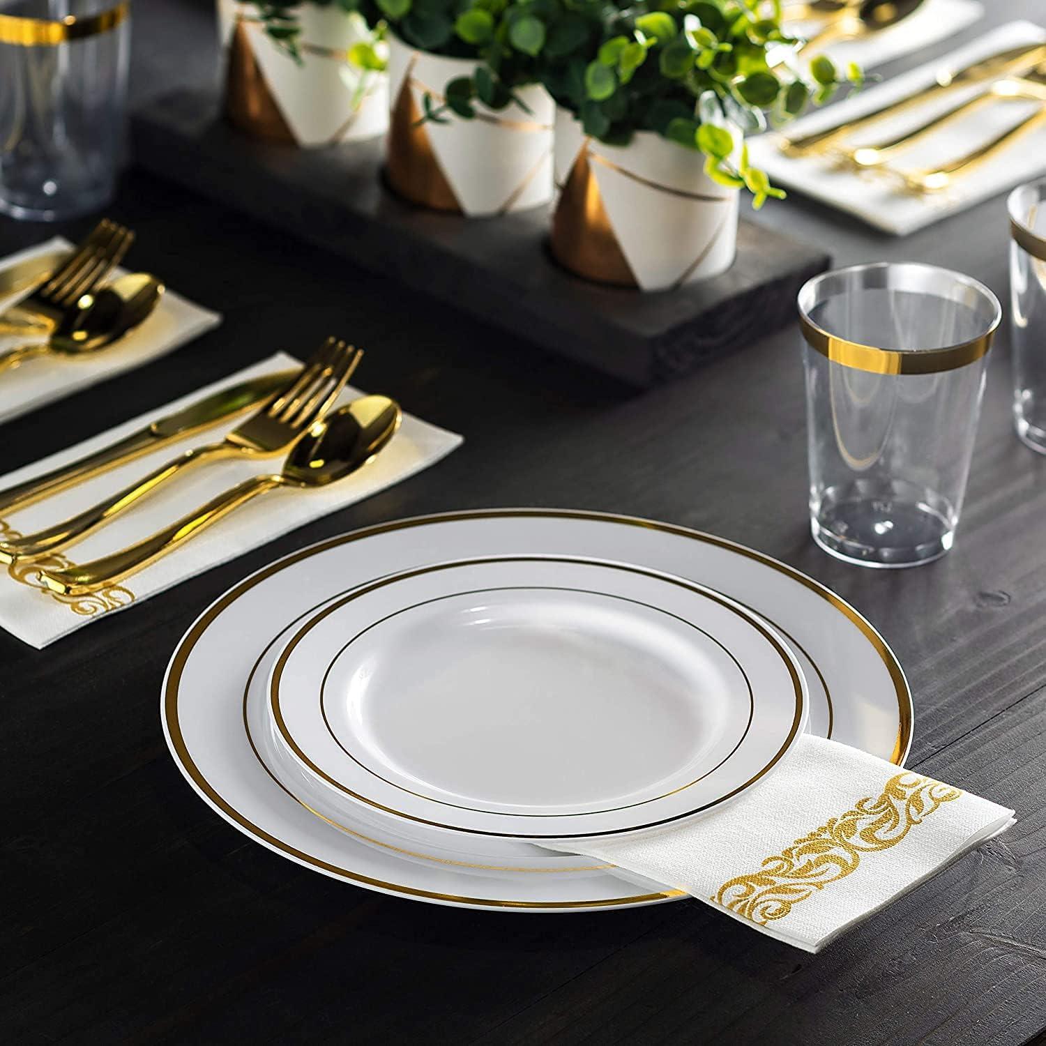 Munfix Elegant Wedding Party Plates, Plastic White and Gold, 60 Count