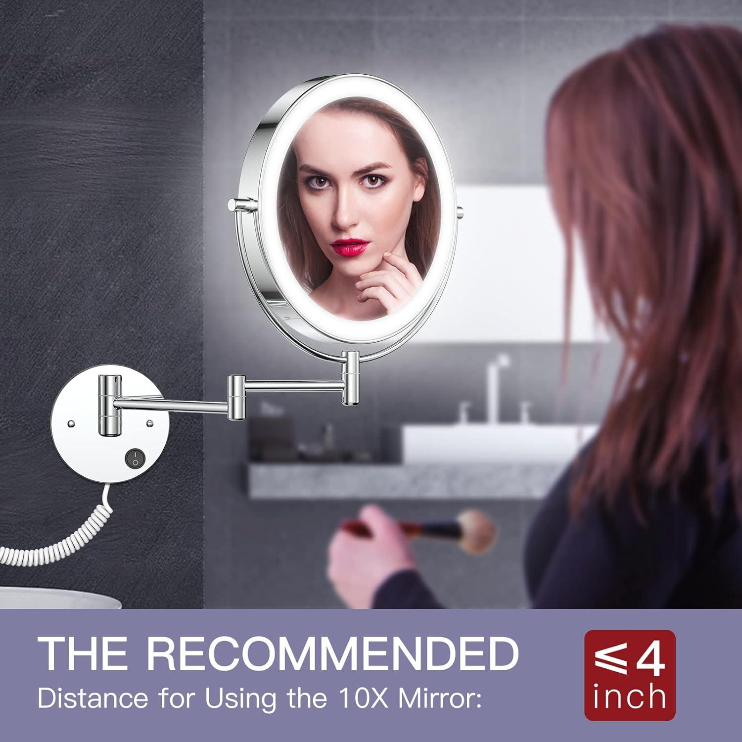 Benbilry 9" Large Size Wall Mounted Makeup Vanity Mirror, 1X/10X Magnifying Double Sided Shaving Mirror for Bathroom, 360° Swivel Extendable Arm Nickel Finish