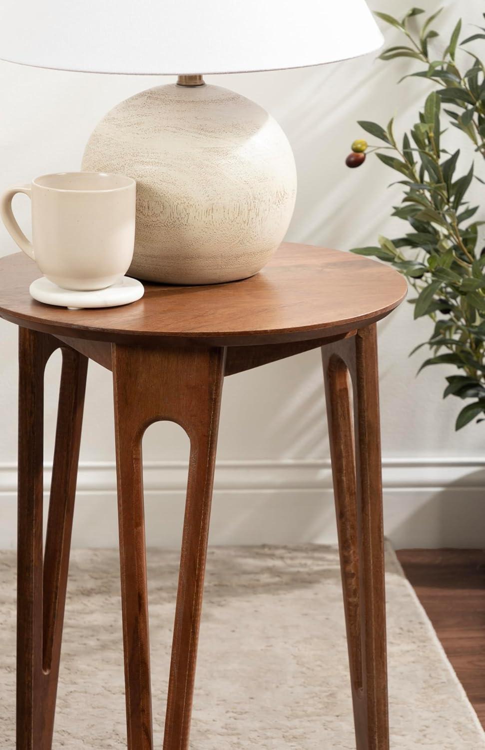 Walnut Brown Round Mango Wood Accent Table with Hairpin Legs