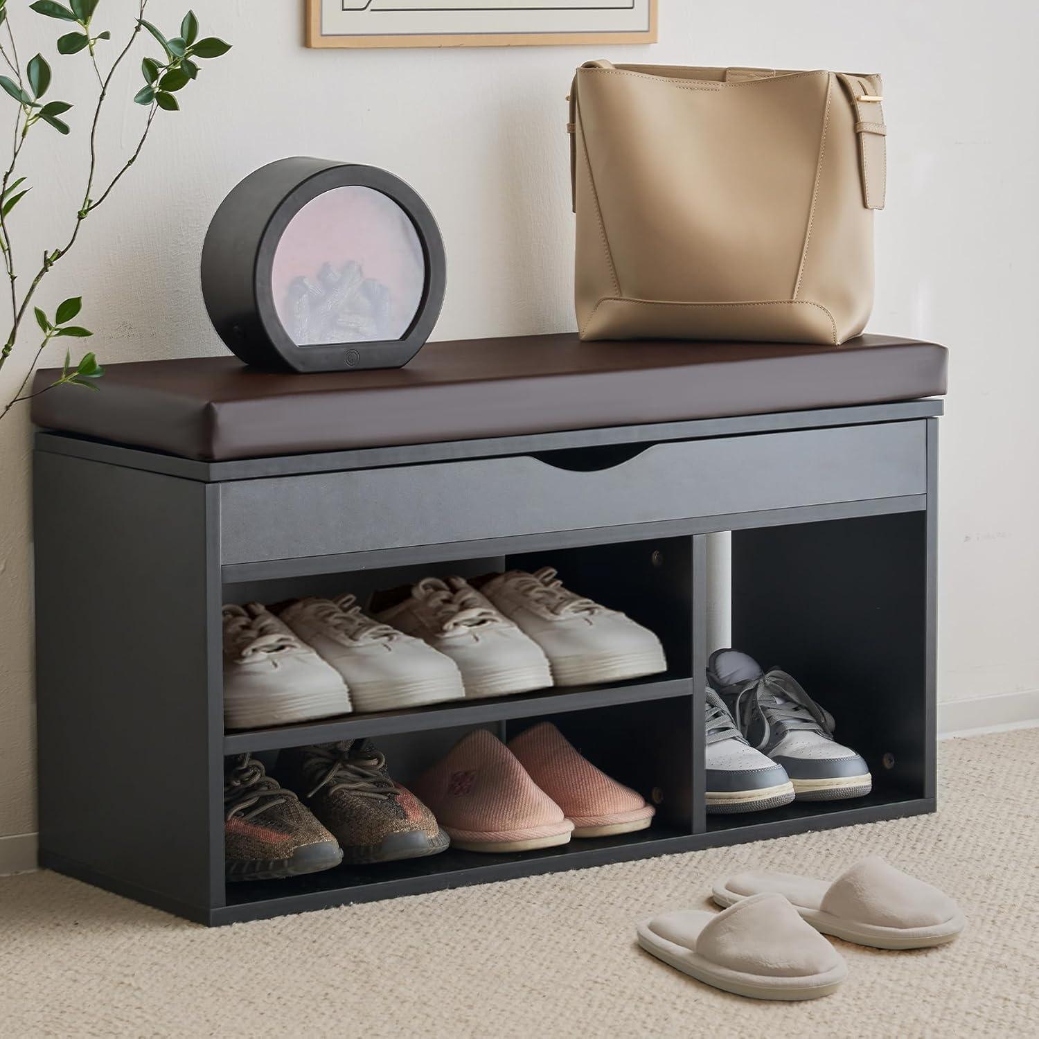 Apicizon 31 Inches Storage Bench, Shoe Bench with Flip Top Storage Space and Padded Cushion, Wooden Entryway Bench for Entryway, Living Room, 2-Tier Shoe Rack Organizer, Brown