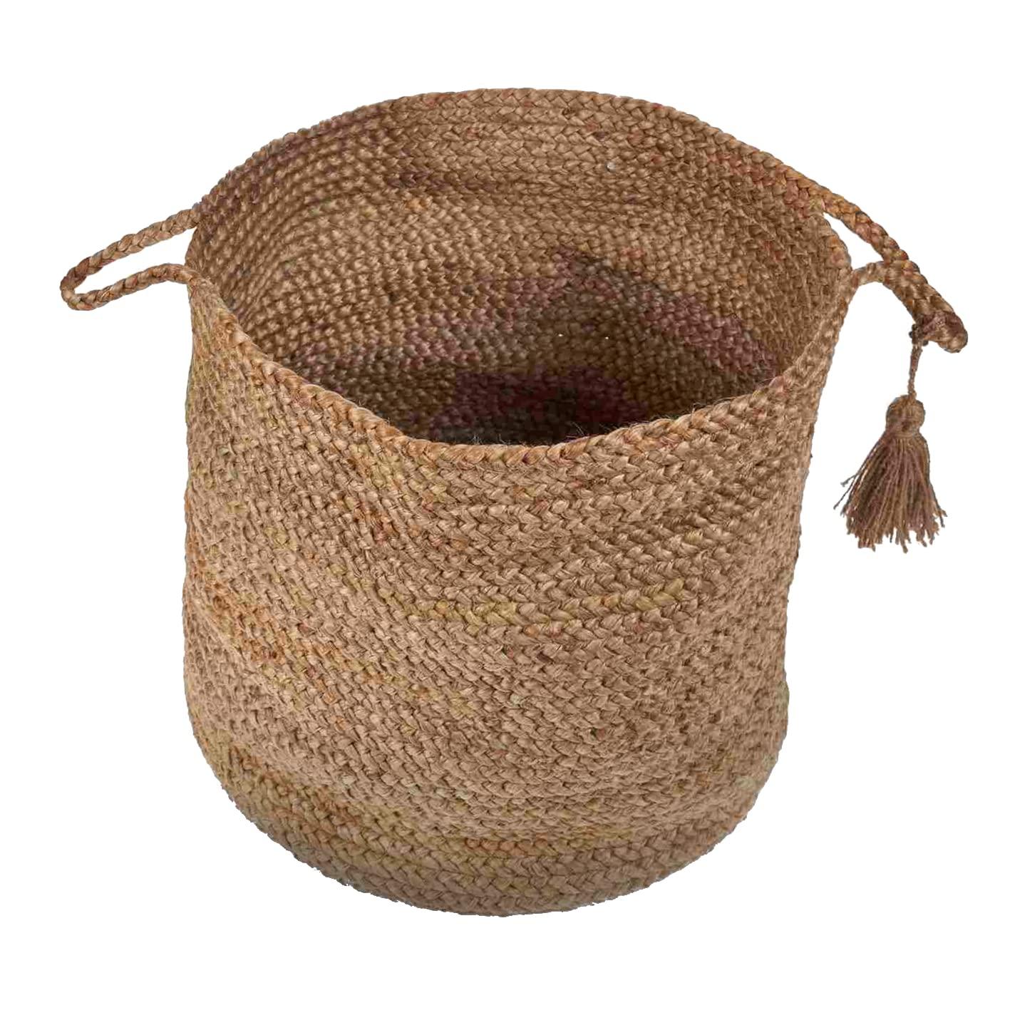 LR Home Braided Round Jute 17" Storage Basket with Handles, Natural/Tan Solid