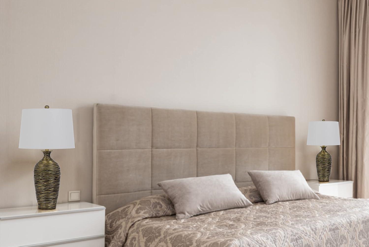 150W 3-Way Aurora Resin Table Lamp with Hardback Taper Drum Fabric Shade, Antique Bronze