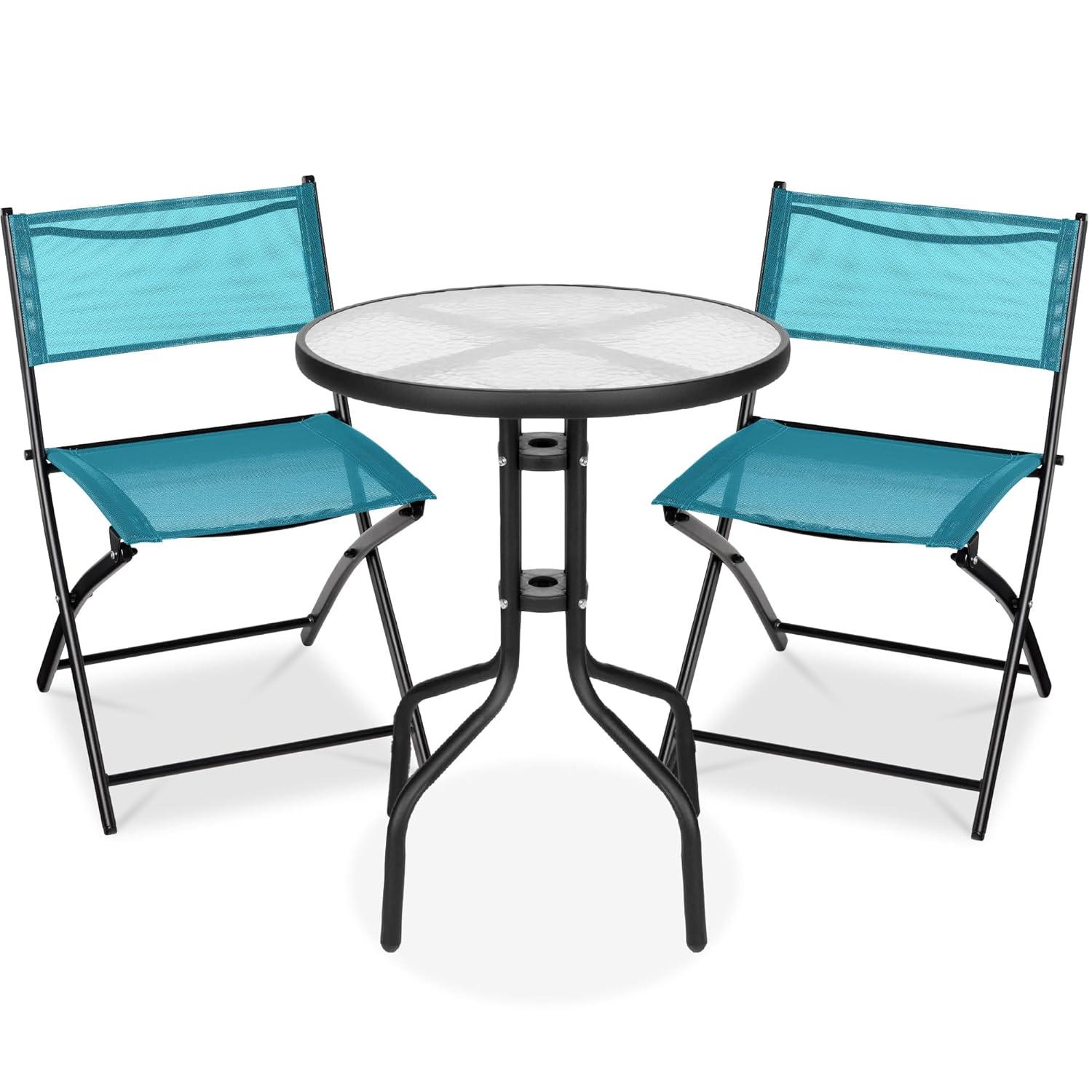 George Oliver 3-Piece Patio Bistro Dining Furniture Set W/ Glass Tabletop, Folding Chairs