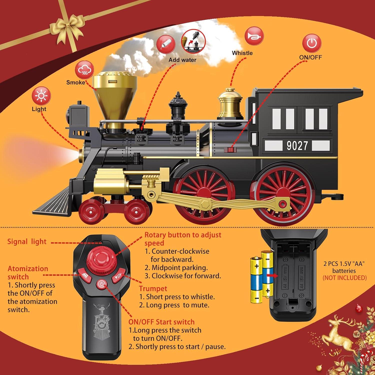 Train Set for Kids Remote Control Christmas Train Toys w/Steam Locomotive,Passenger Carriage & Luxury Tracks, Electric Trains w/Realistic Smoke,Sounds & Lights, Birthday Gift for Boys Girls 3 4 5 6 7