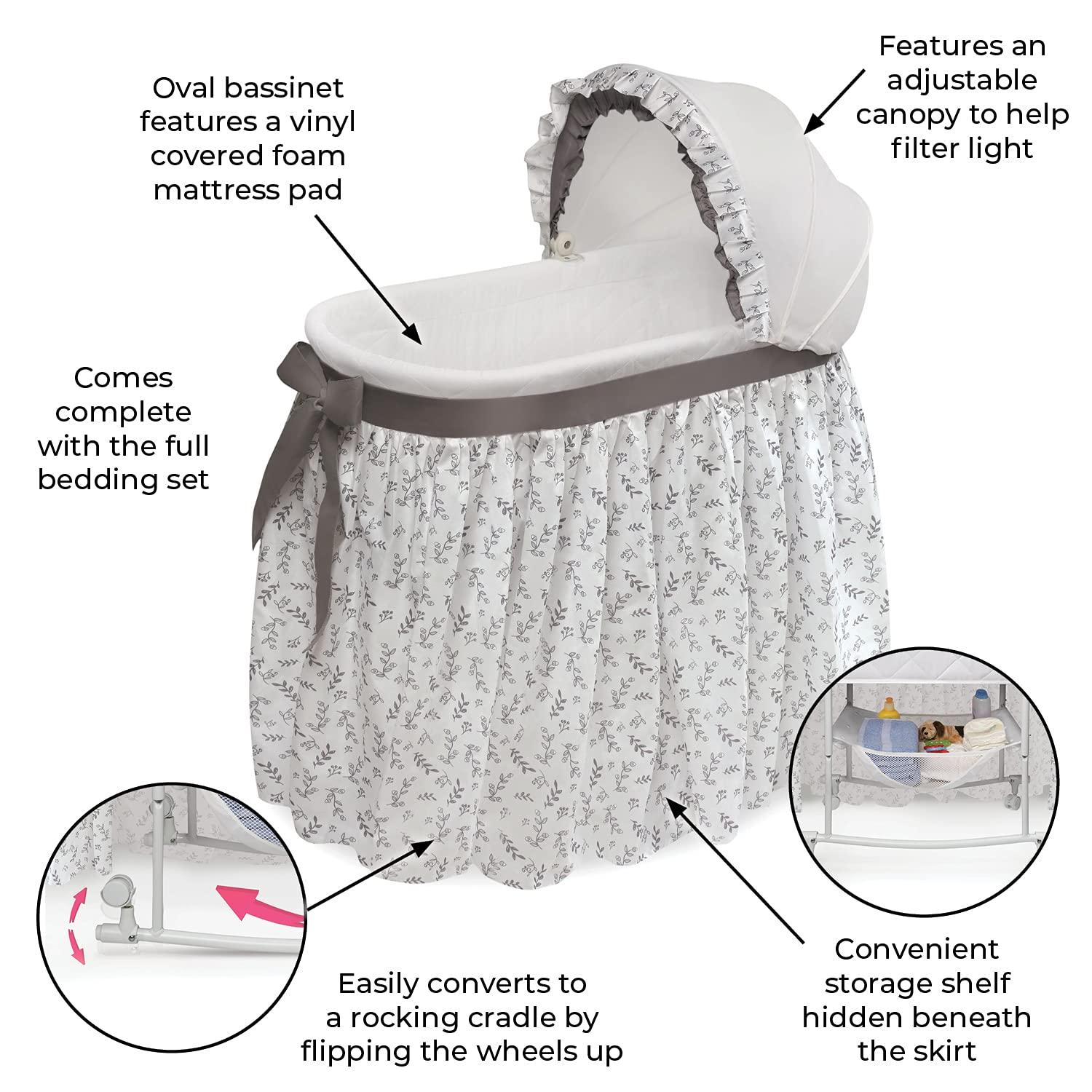 Badger Basket Wishes Oval Bassinet - Full Length Skirt - Gray/Leaf