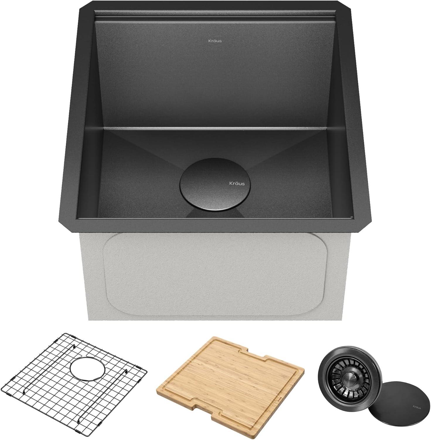 KRAUS Kore™ Undermount Workstation 16 Gauge Black Stainless Steel Single Bowl Kitchen Sink in PVD Gunmetal Finish