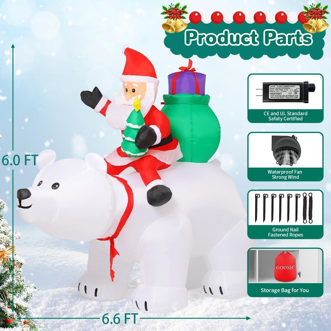 GOOSH 6 FT Christmas Inflatables Santa Clause Riding Bear with Shaking Head Outdoor Decorations Blow Up Yard Decor with LED Lights for Xmas Holiday Party Indoor Garden Lawn Décor