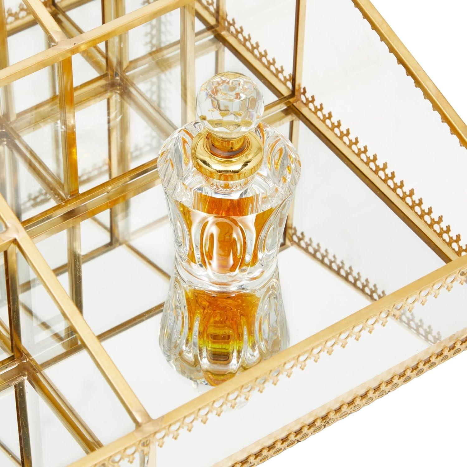 Glamlily Glass Makeup Organizer with Gold Trim, 10 Compartments (10.2 x 7.5 x 3.5 In)