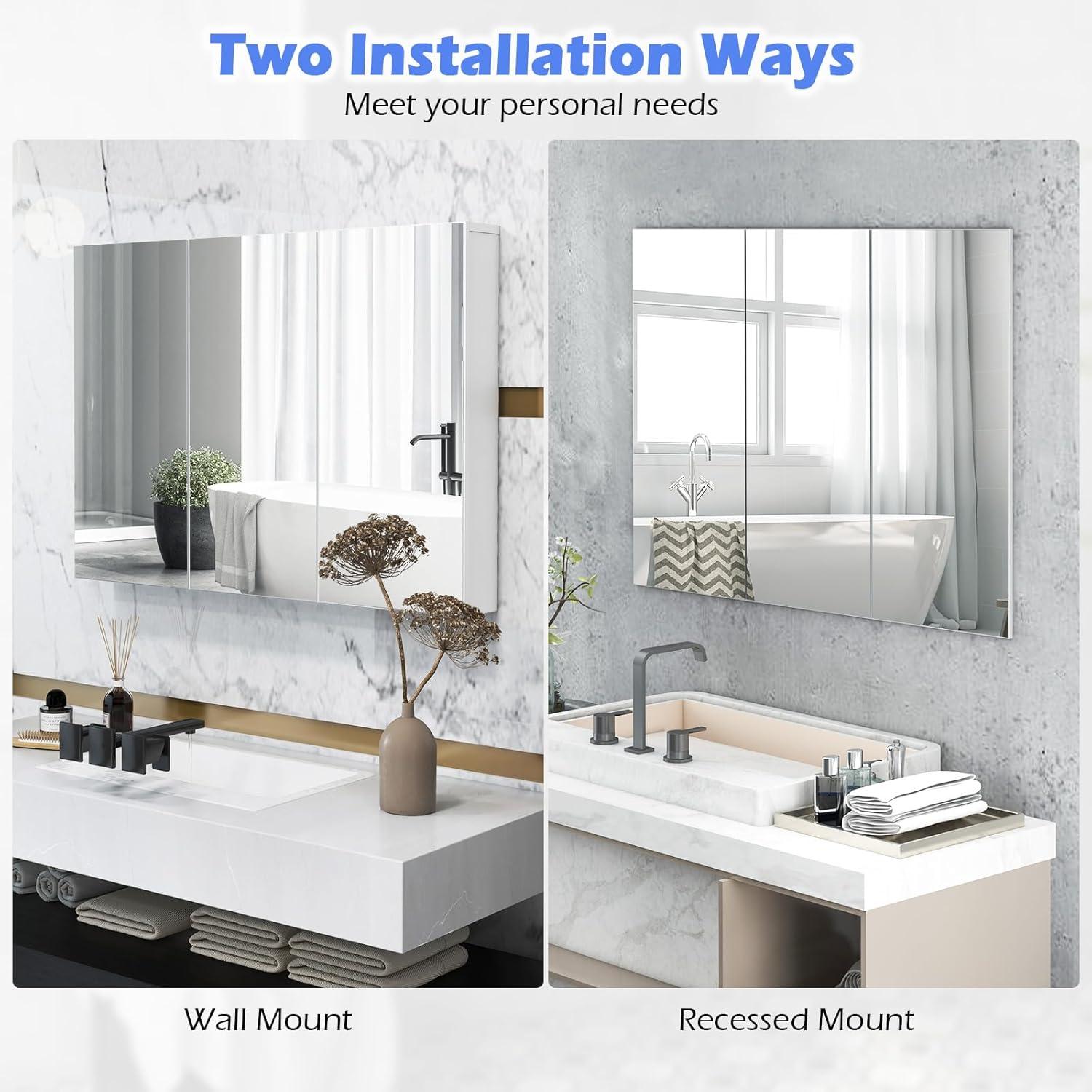 Tangkula Mirrored Medicine Cabinet, Large Wide Wall Mounted Storage Cabinet with 3 Mirror Doors & Adjustable Shelf, Hanging Bathroom Organizer, White, 36 x 4.5 x 25.5 Inches