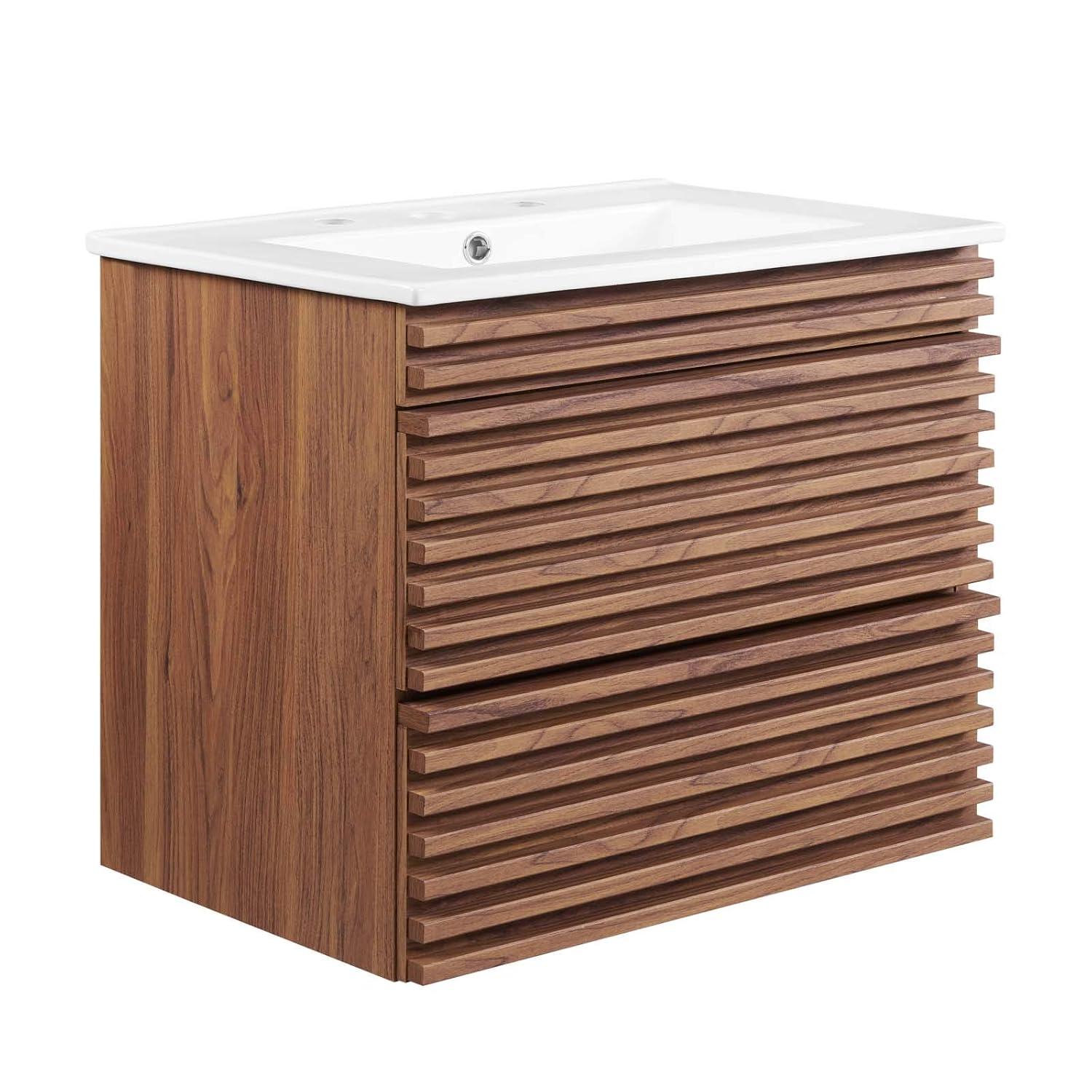 Modway Render 24" Wall-Mount Bathroom Vanity – Mid-Century Modern Floating Sink Cabinet in Walnut and White Finish