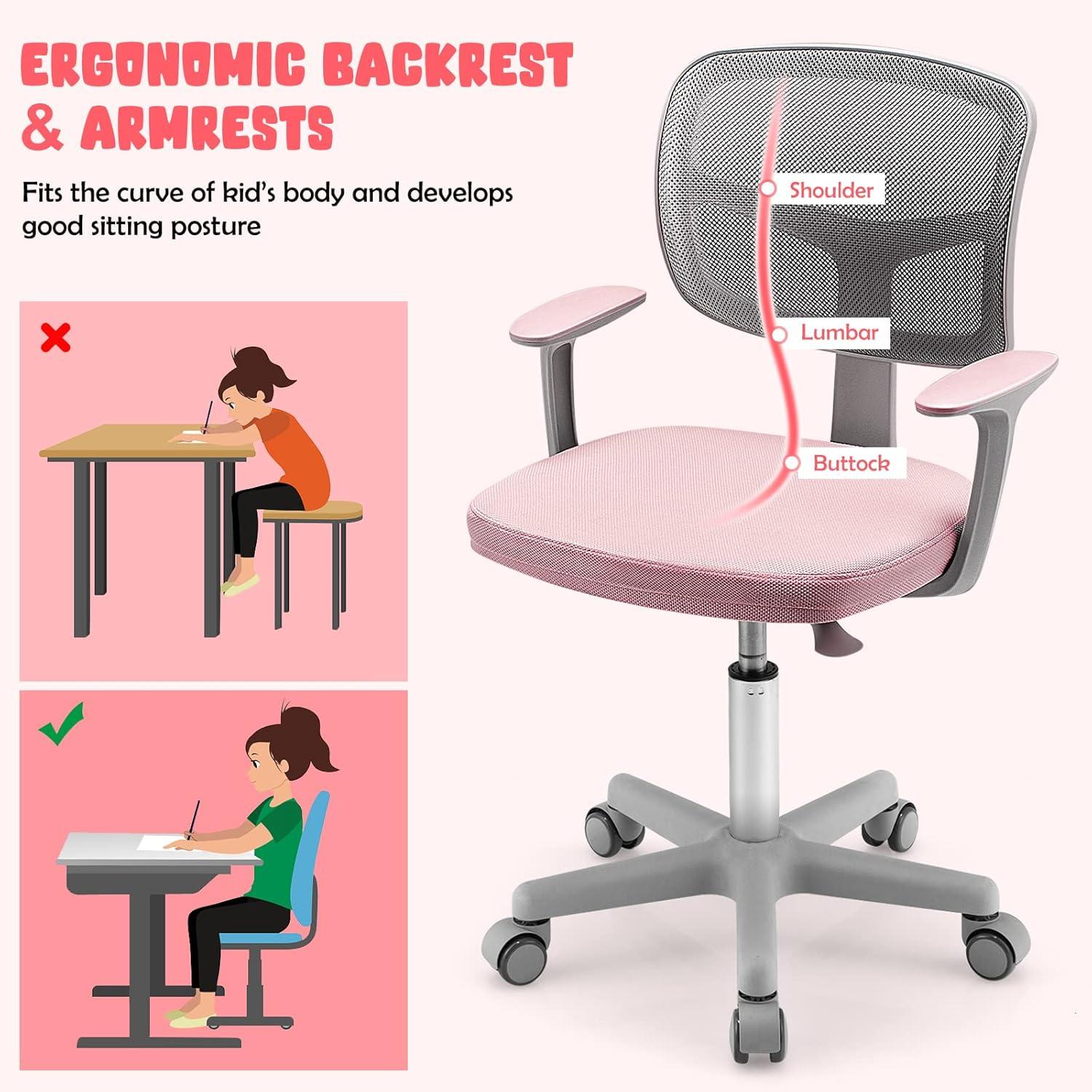 Pink Adjustable Mesh Swivel Kids Desk Chair with Armrests